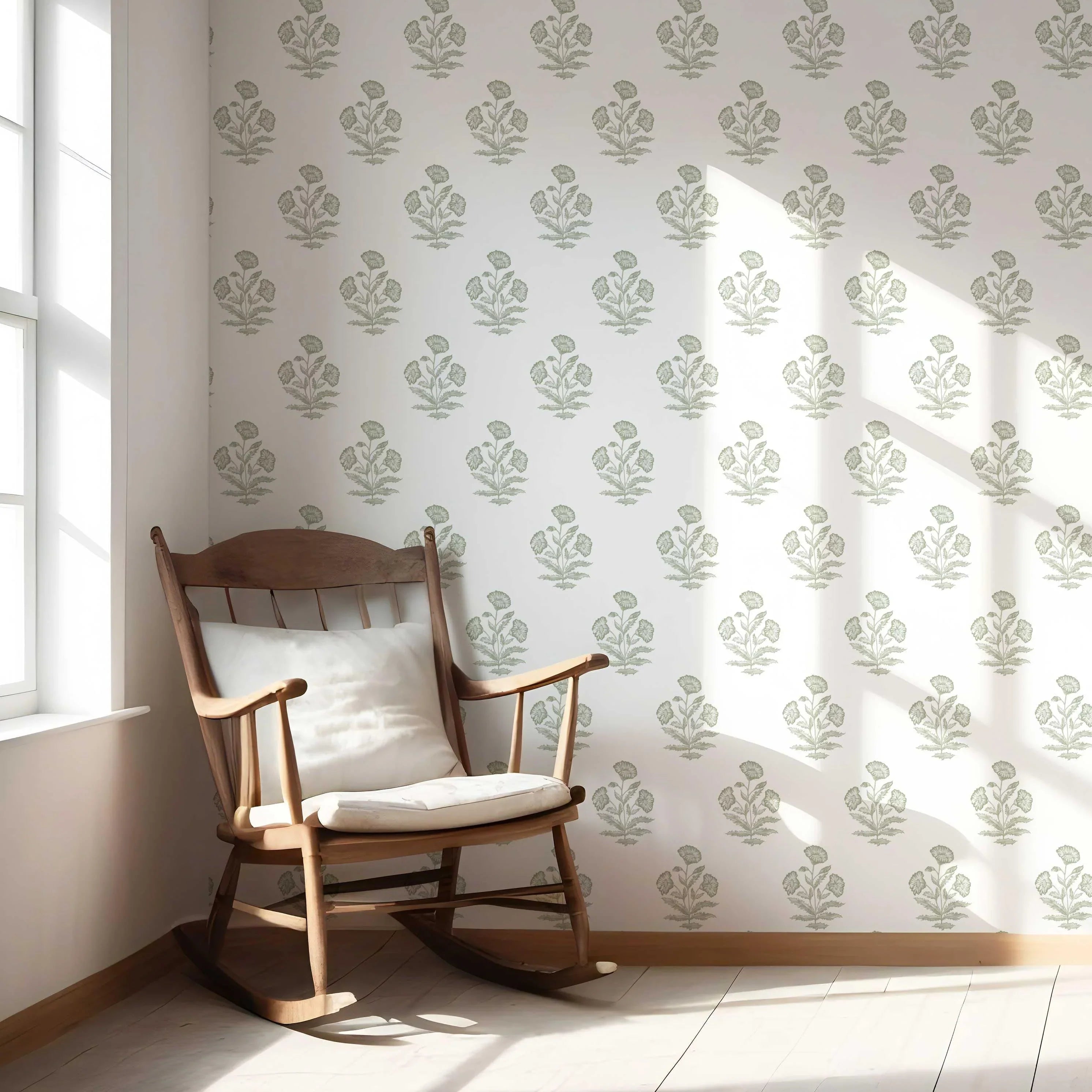 Floral Block Print Nursery Wallpaper (Green/ White)