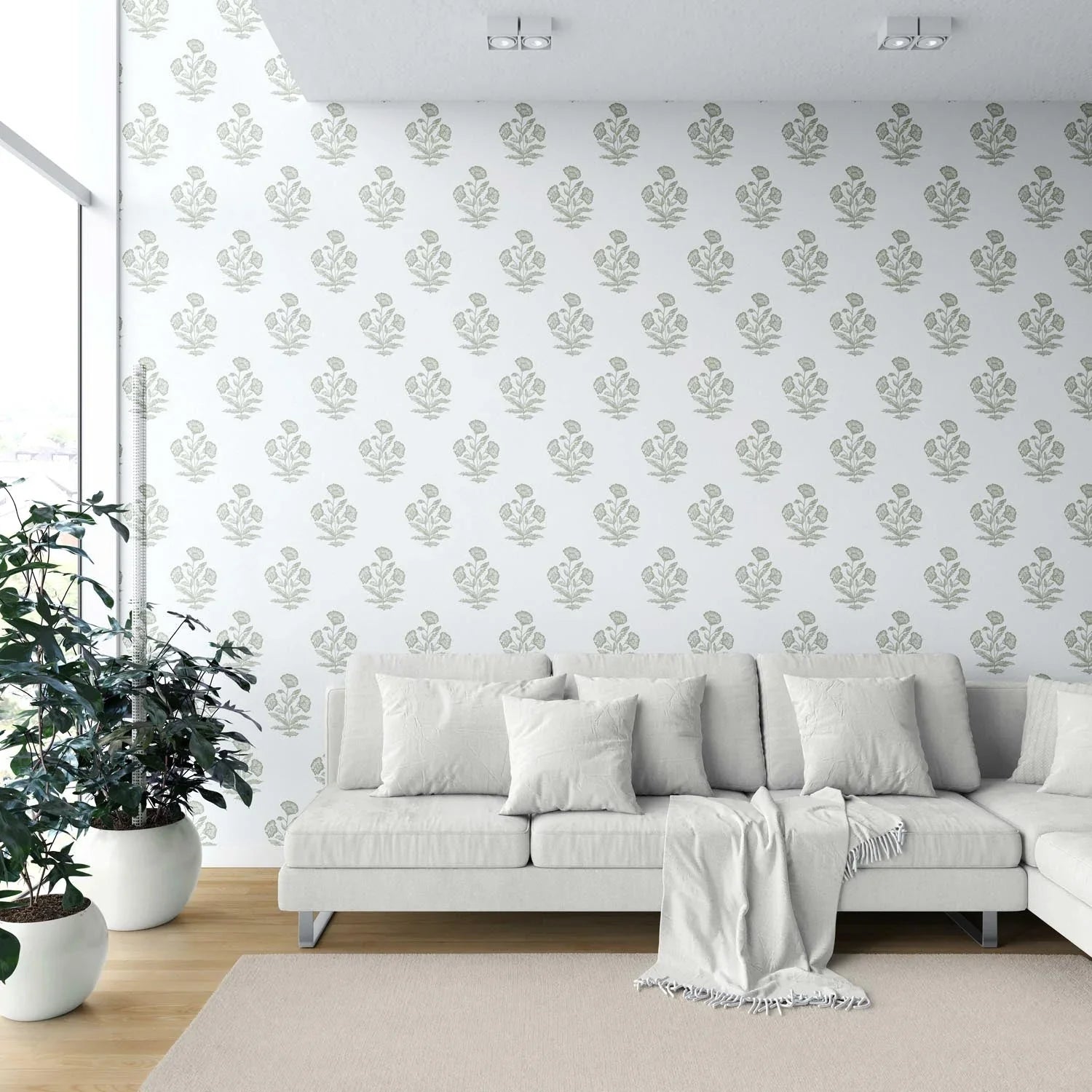 Floral Block Print Shower Toilet Wallpaper Sample (Green/ White)
