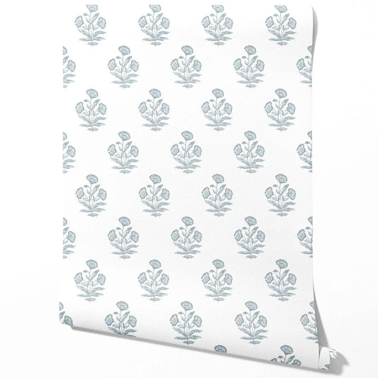 Floral Block Print Traditional Wallpaper Sample (Sage Blue/ White)