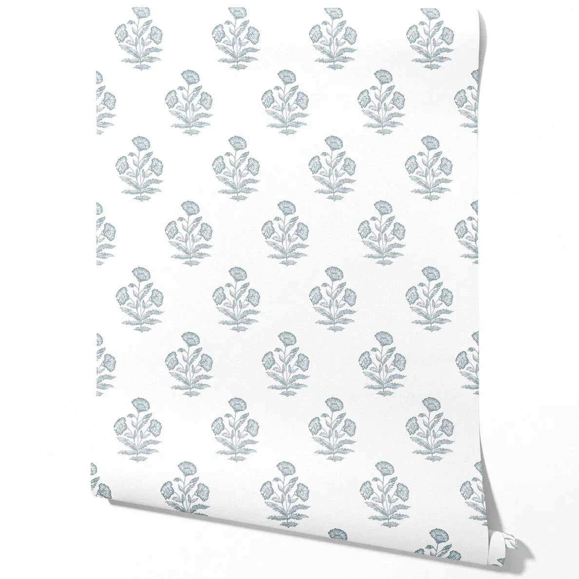 Floral Block Print Traditional Wallpaper (Sage Blue/ White)