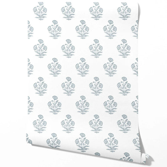 Floral Block Print Traditional Wallpaper (Sage Blue/ White)