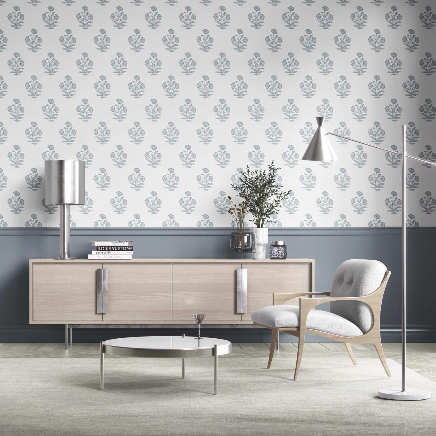 Floral Block Print Kitchen Wallpaper Sample (Sage Blue/ White)