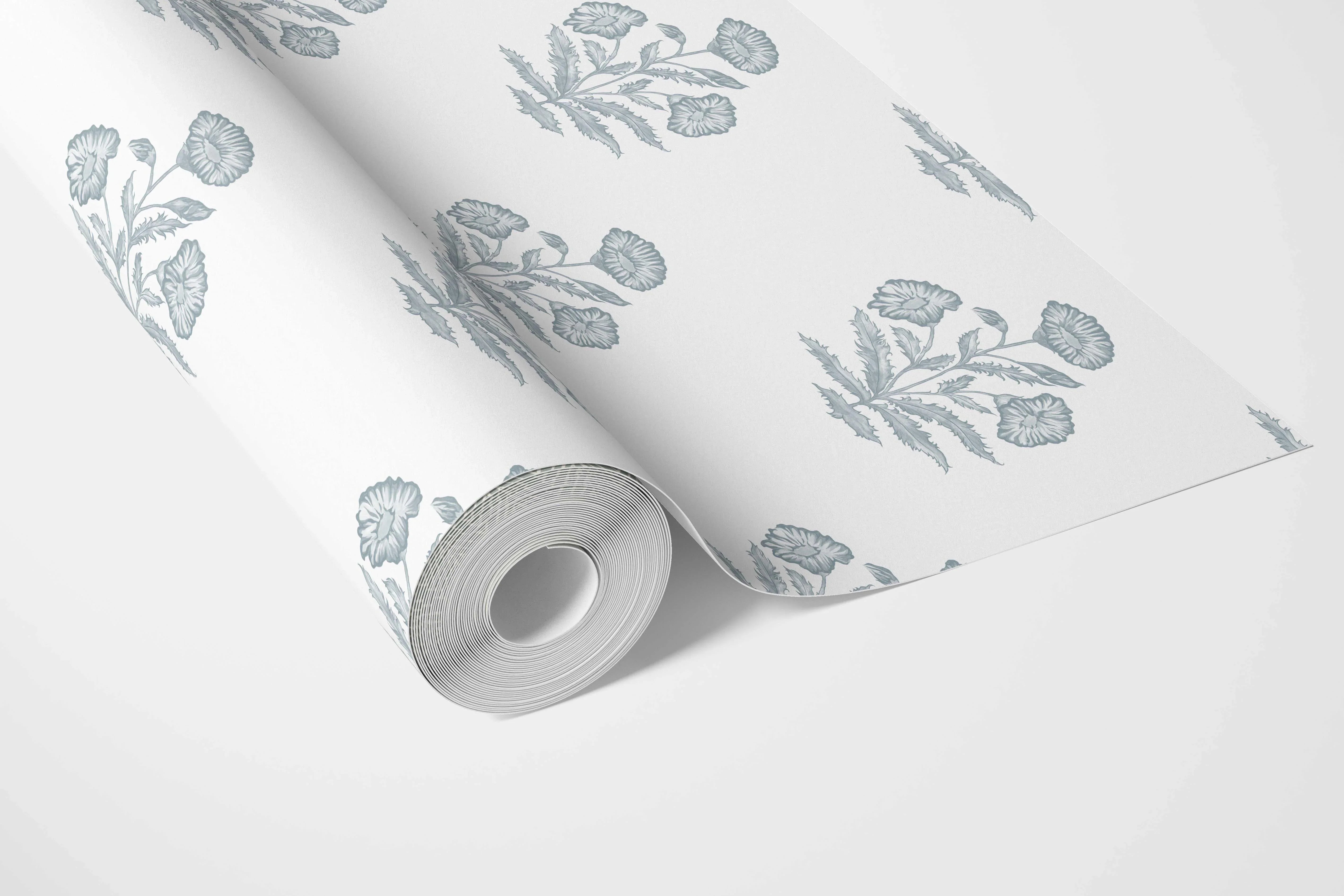Floral Block Print Bathroom Wallpaper Sample (Sage Blue/ White)