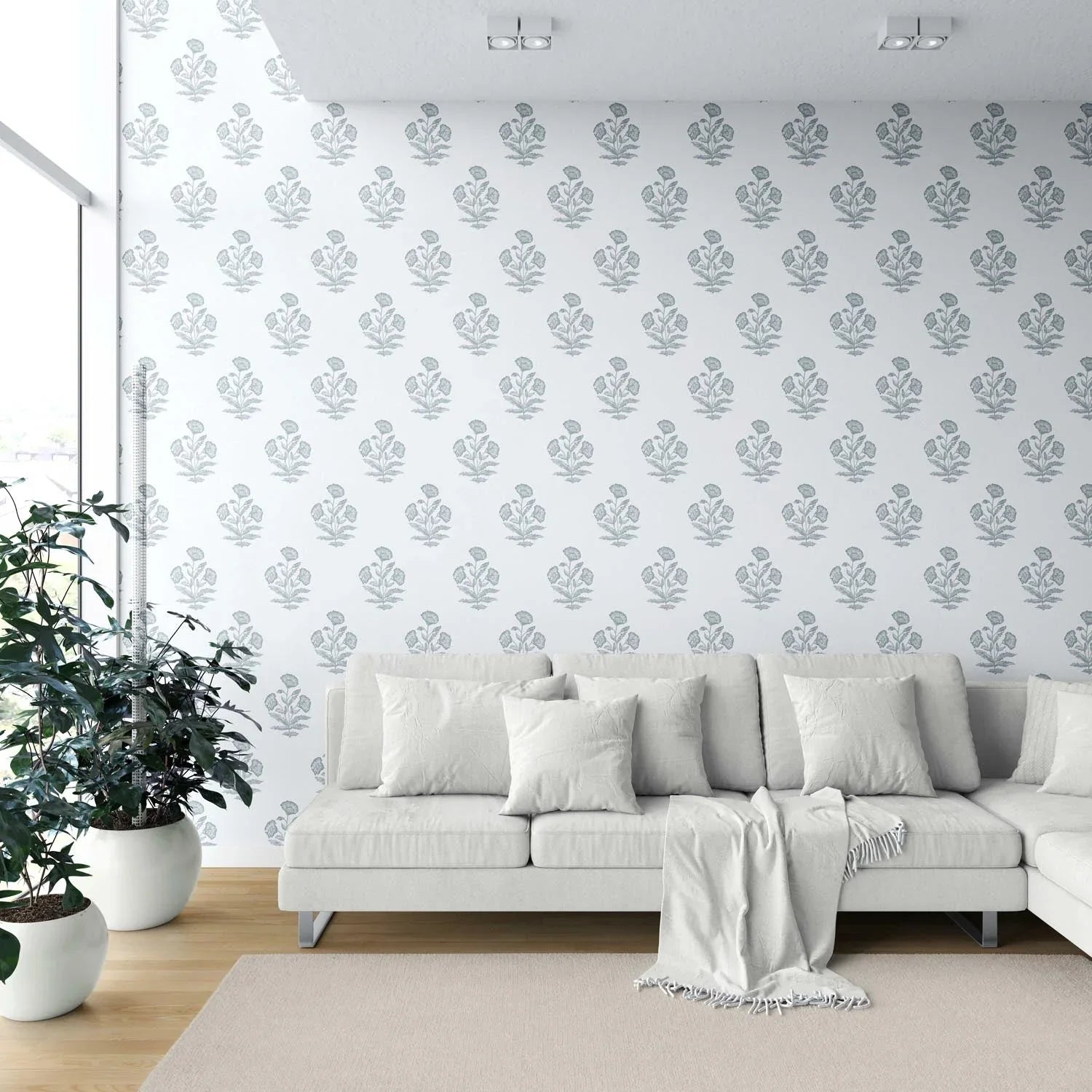 Floral Block Print Shower Toilet Wallpaper Sample (Sage Blue/ White)