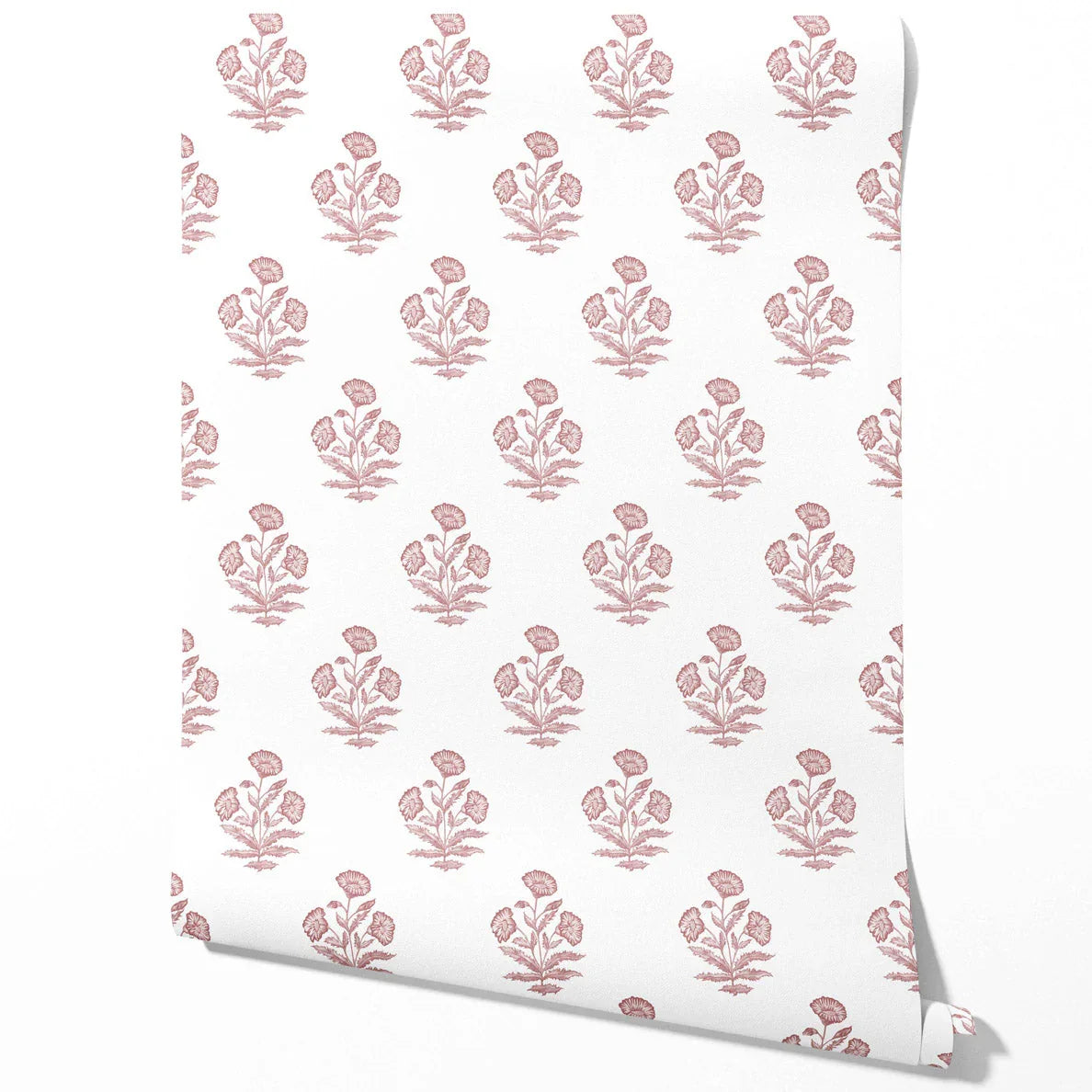Floral Block Print Traditional Wallpaper Sample (Soft Pink/ White)