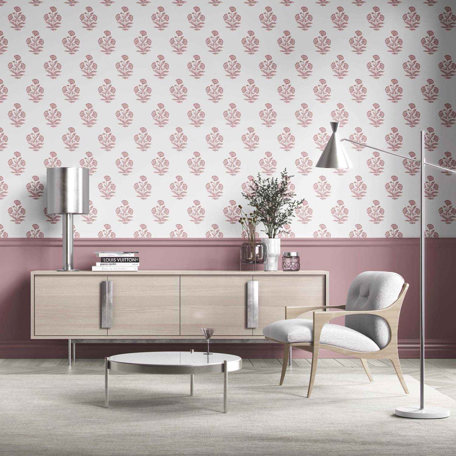 Floral Block Print Kitchen Wallpaper Sample (Soft Pink/ White)