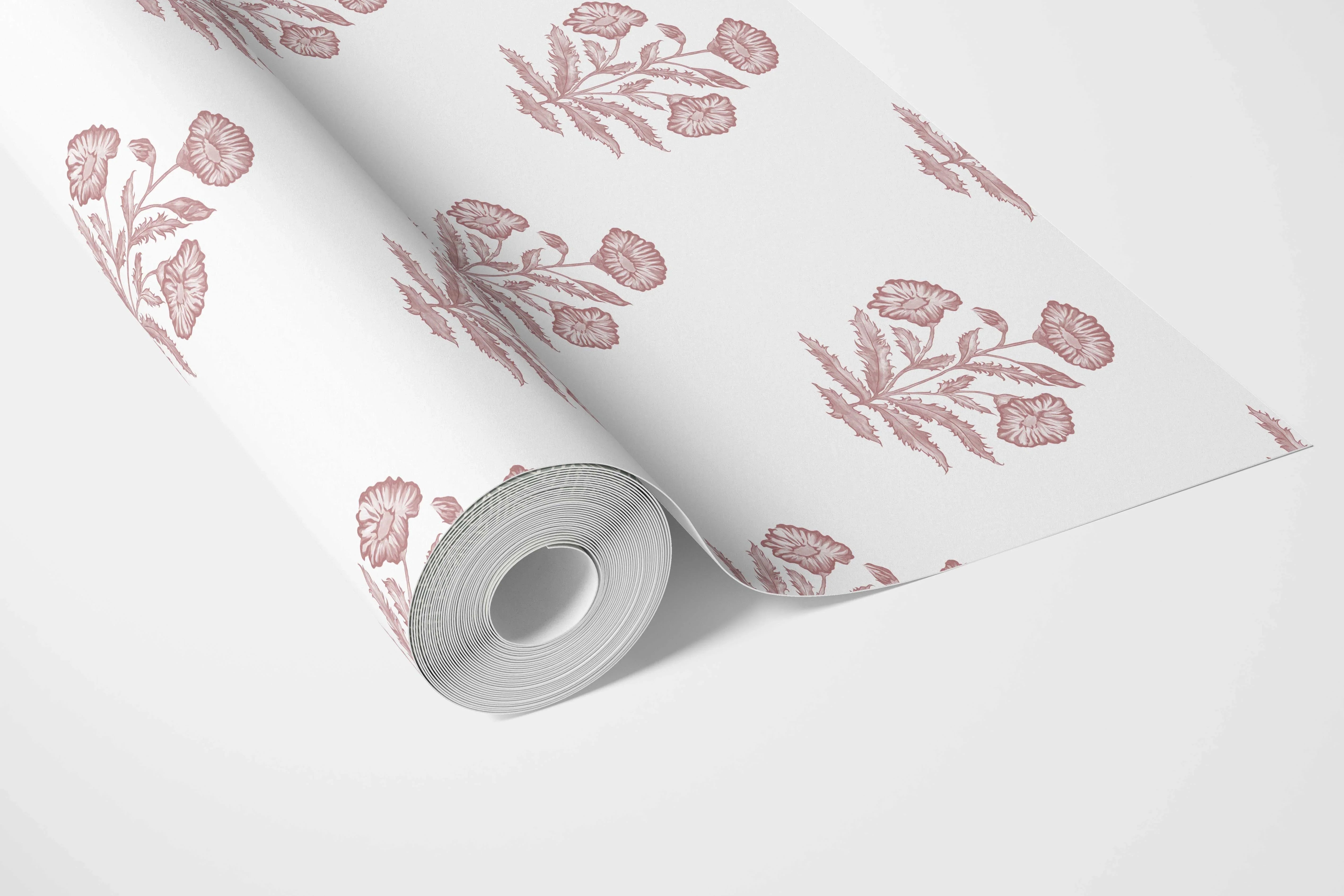 Floral Block Print Bathroom Wallpaper (Soft Pink/ White)