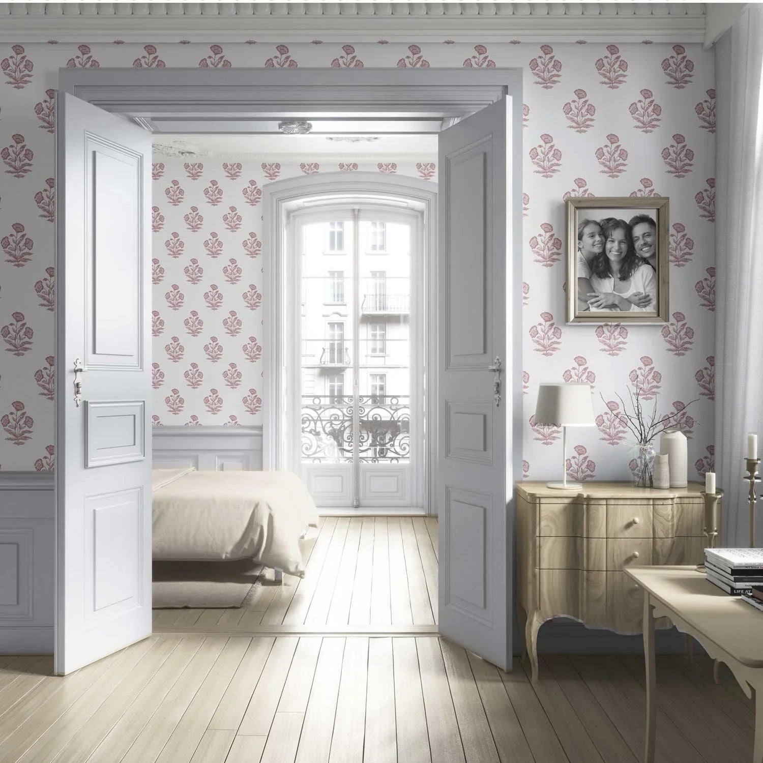 Floral Block Print Living Room Wallpaper Sample (Soft Pink/ White)