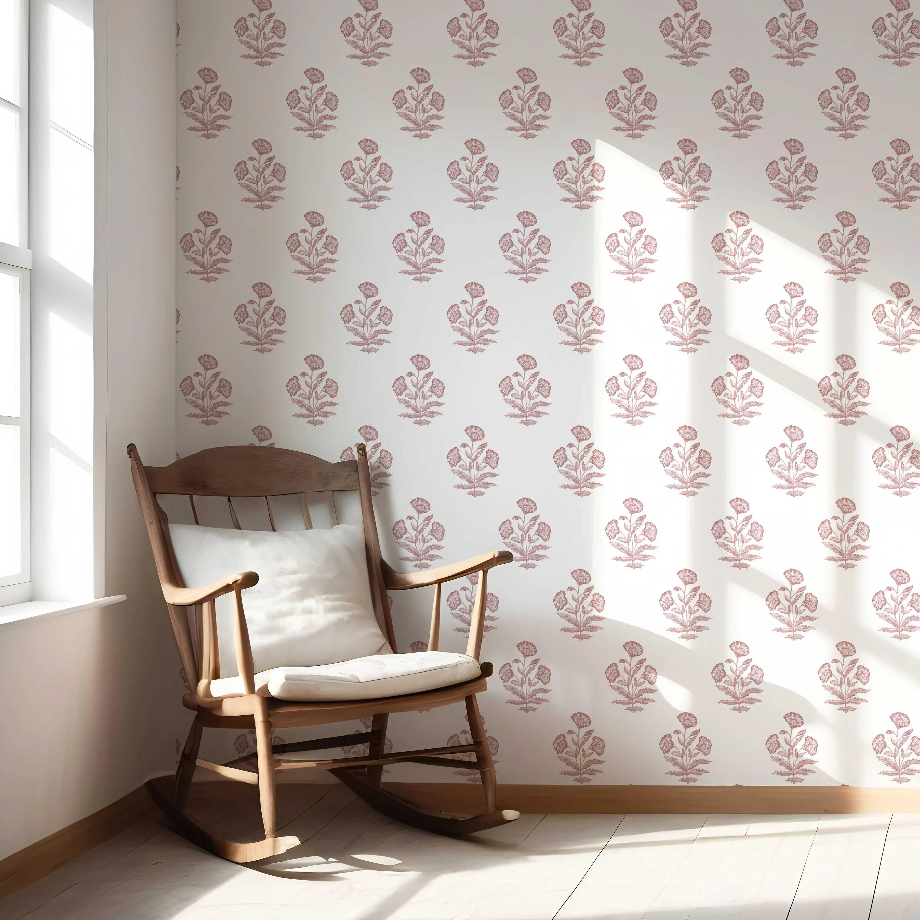 Floral Block Print Nursery Wallpaper (Soft Pink/ White)