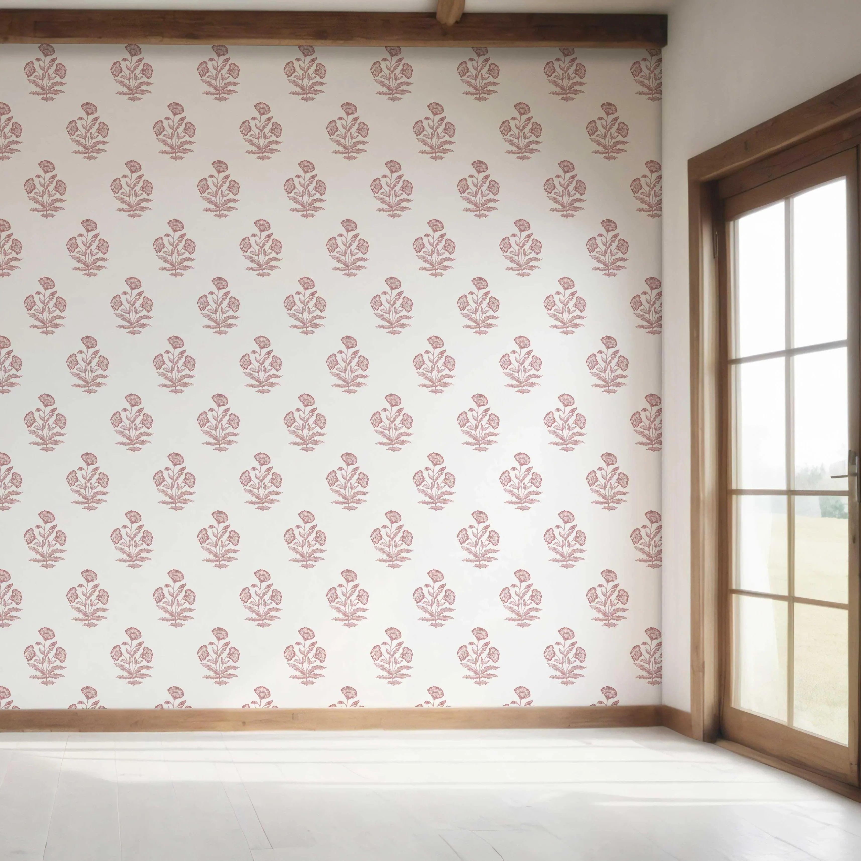Floral Block Print Bedroom Wallpaper Sample (Soft Pink/ White)