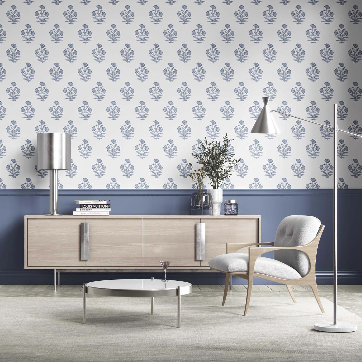 Floral Block Print Kitchen Wallpaper Sample (Slate Blue/ White)