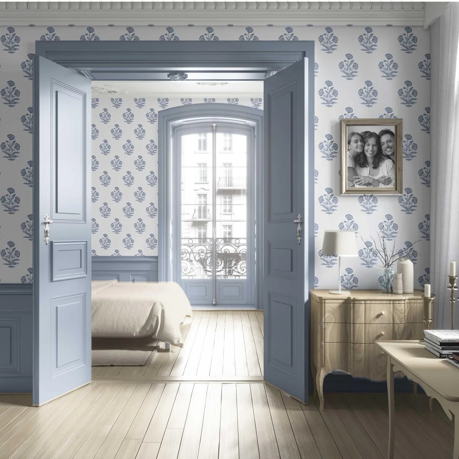 Floral Block Print Living Room Wallpaper Sample (Slate Blue/ White)
