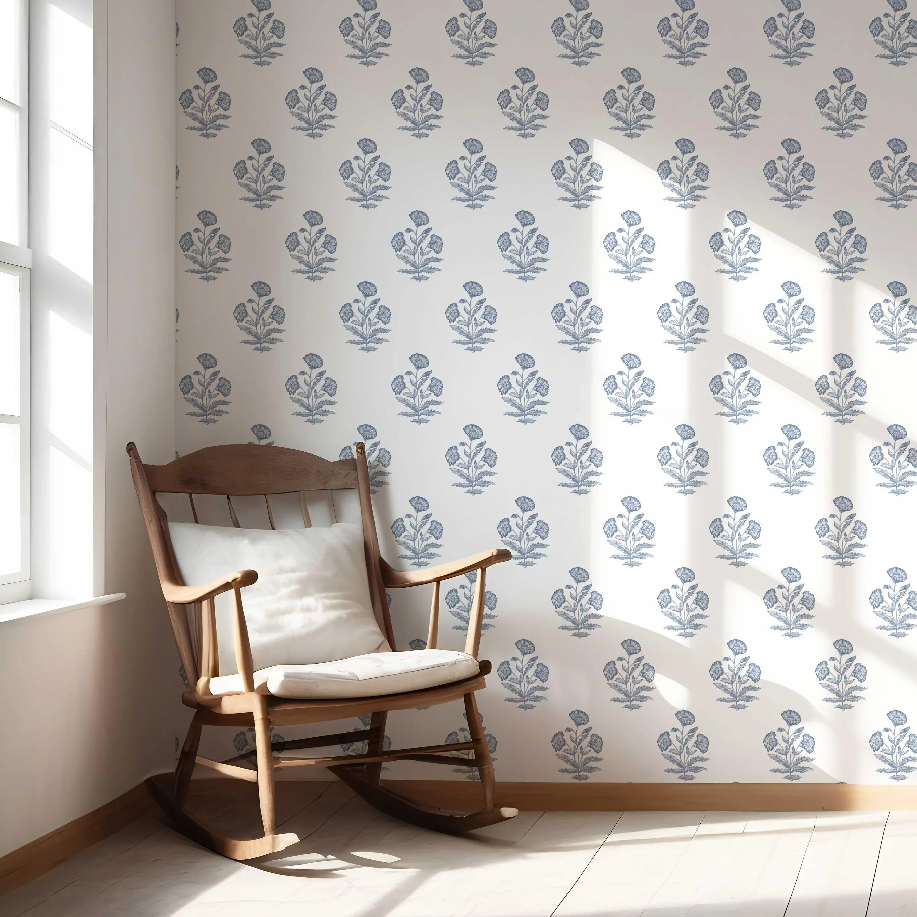 Floral Block Print Nursery Wallpaper Sample (Slate Blue/ White)