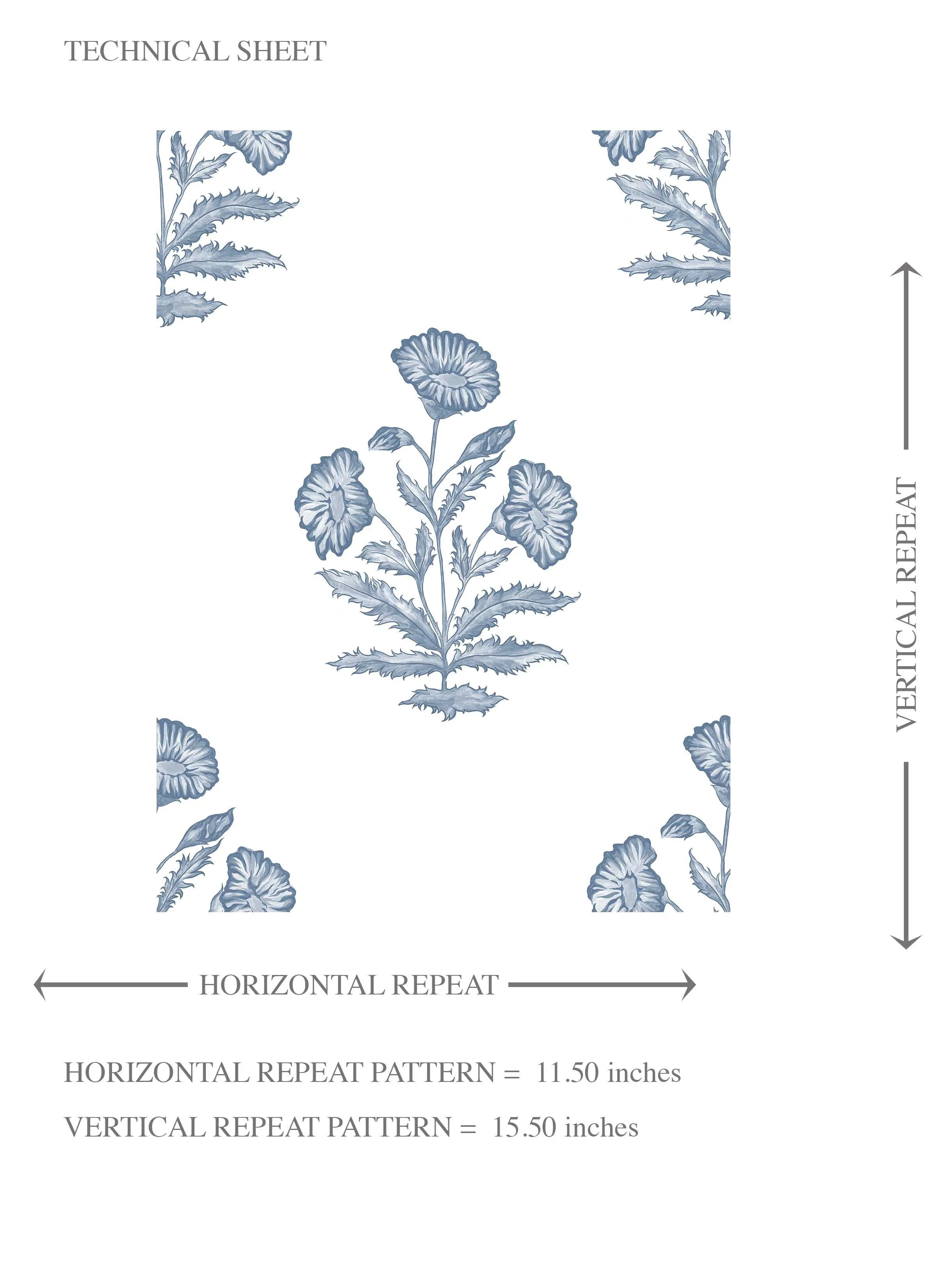 Floral Block Print Kids Room Wallpaper Sample (Slate Blue/ White)