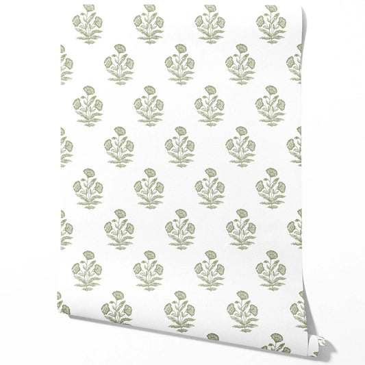 Floral Block Print Traditional Wallpaper Sample (Olive Green/ White)