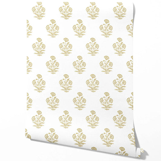 Floral Block Print Traditional Wallpaper (Yellow-Green/ White)
