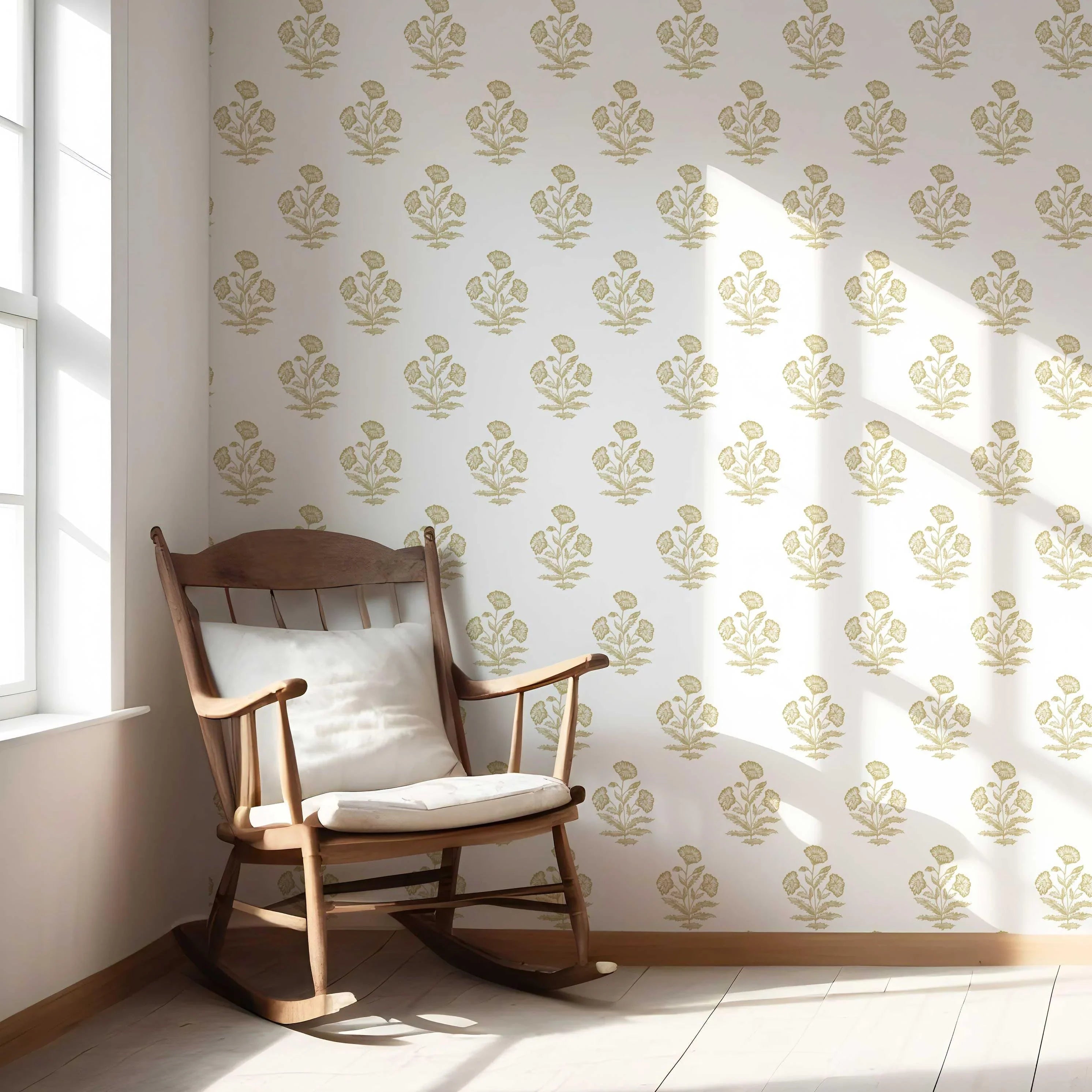 Floral Block Print Nursery Wallpaper (Yellow-Green/ White)