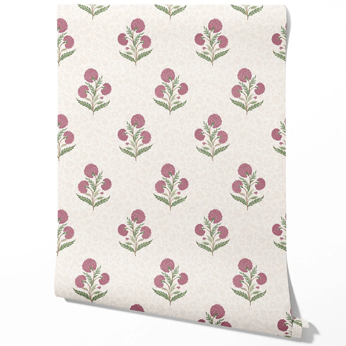 Floral Block Print Traditional Wallpaper Sample (Pink/ Green/ Soft Taupe)
