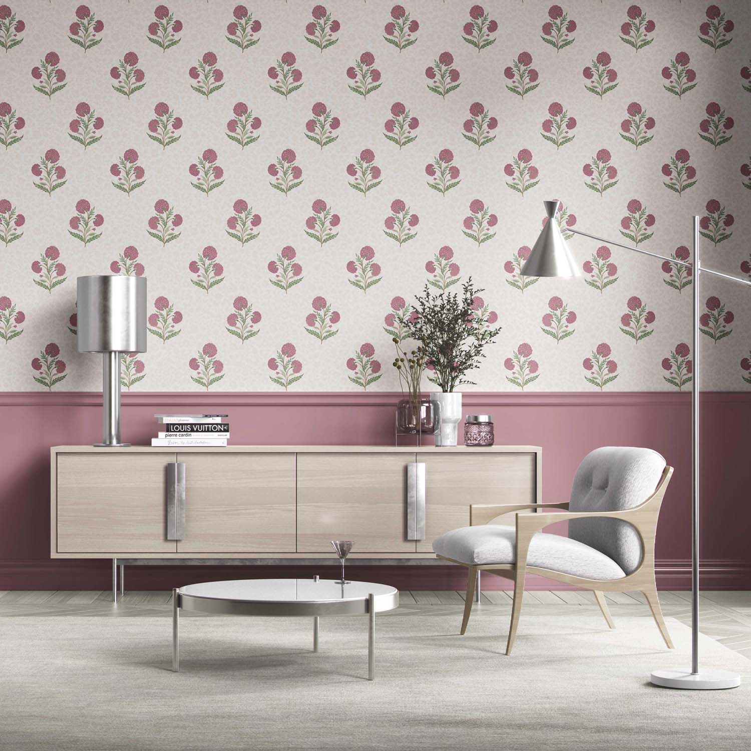 Floral Block Print Kitchen Wallpaper Sample (Pink/ Green/ Soft Taupe)