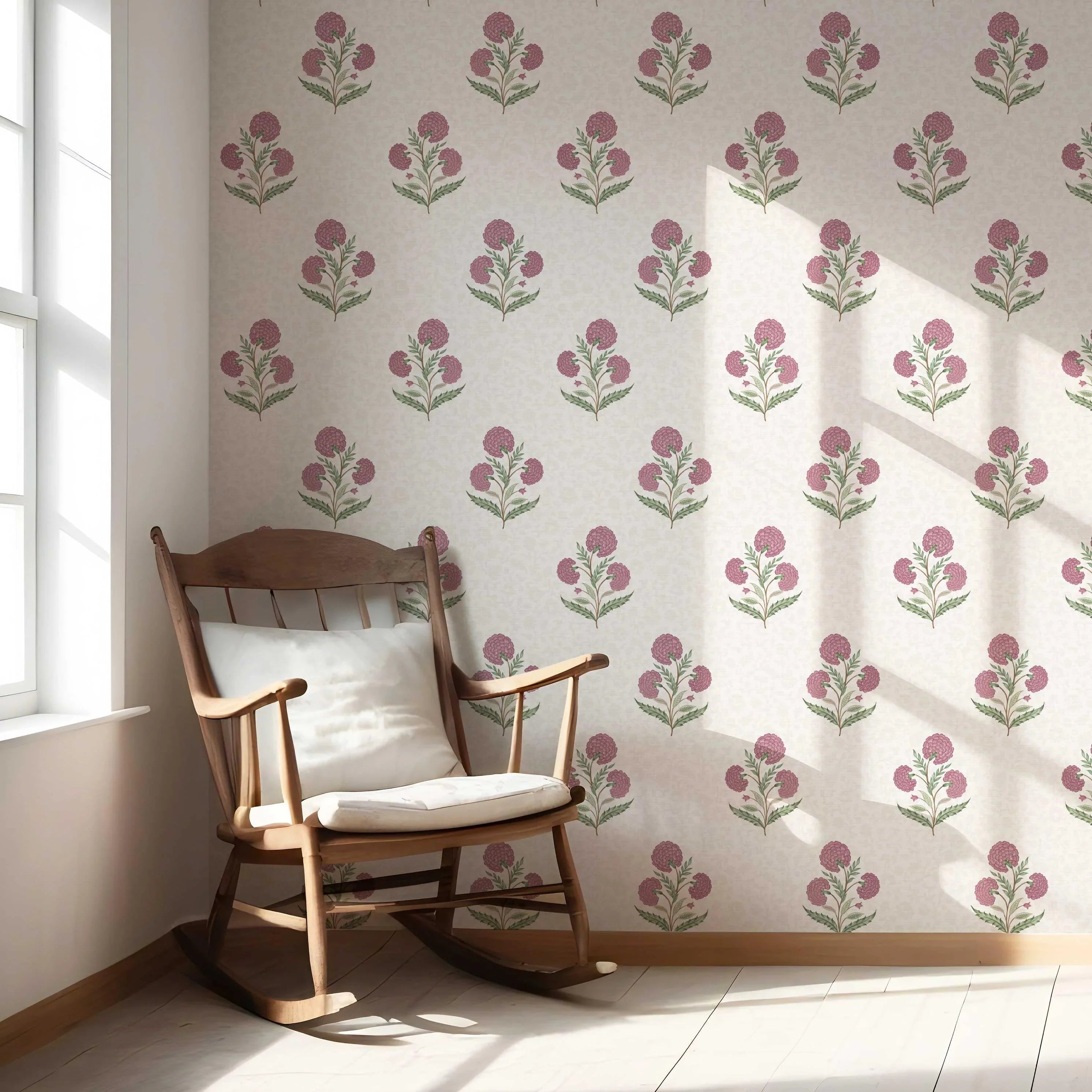 Floral Block Print Nursery Wallpaper (Pink/ Green/ Soft Taupe)