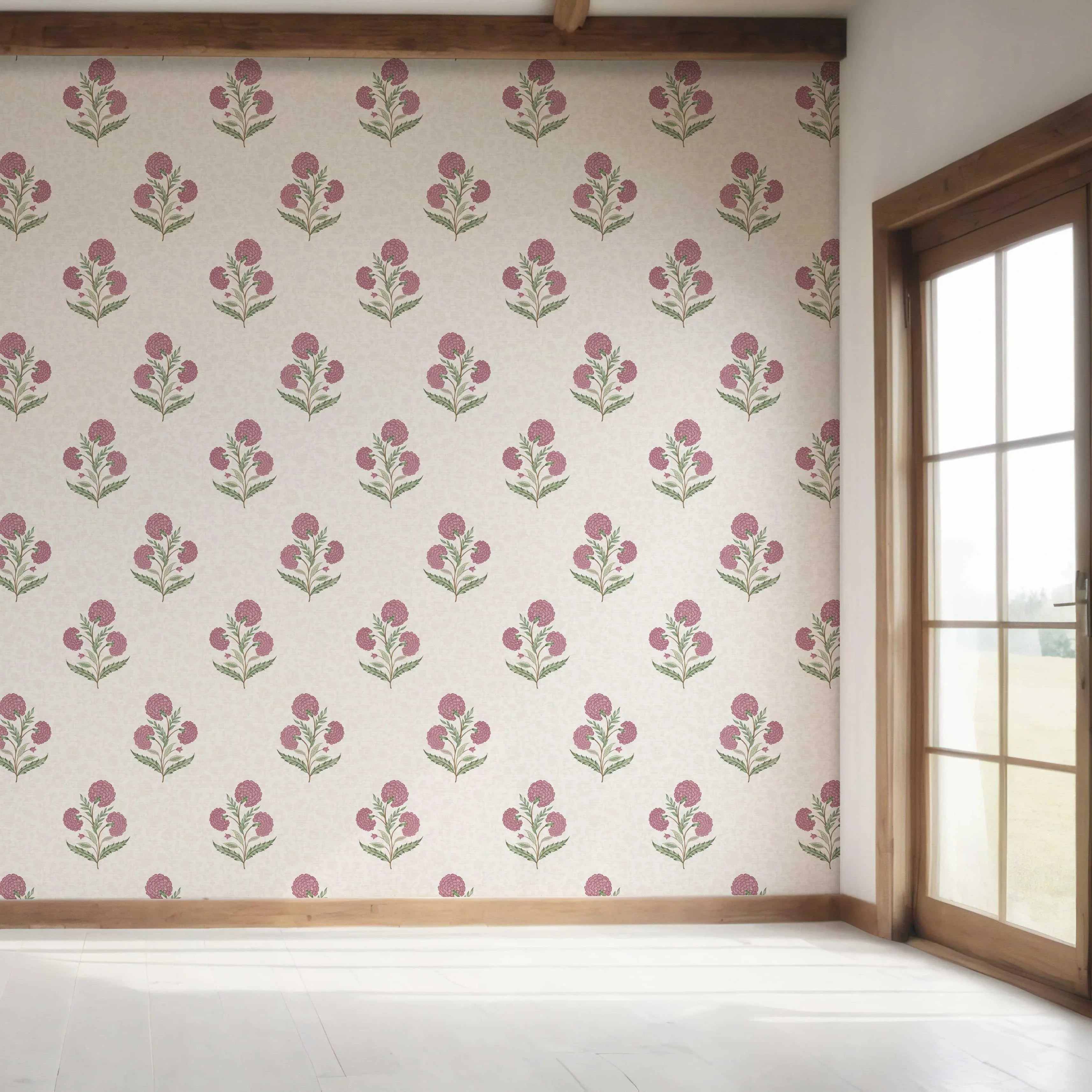 Floral Block Print Bedroom Wallpaper Sample (Pink/ Green/ Soft Taupe)