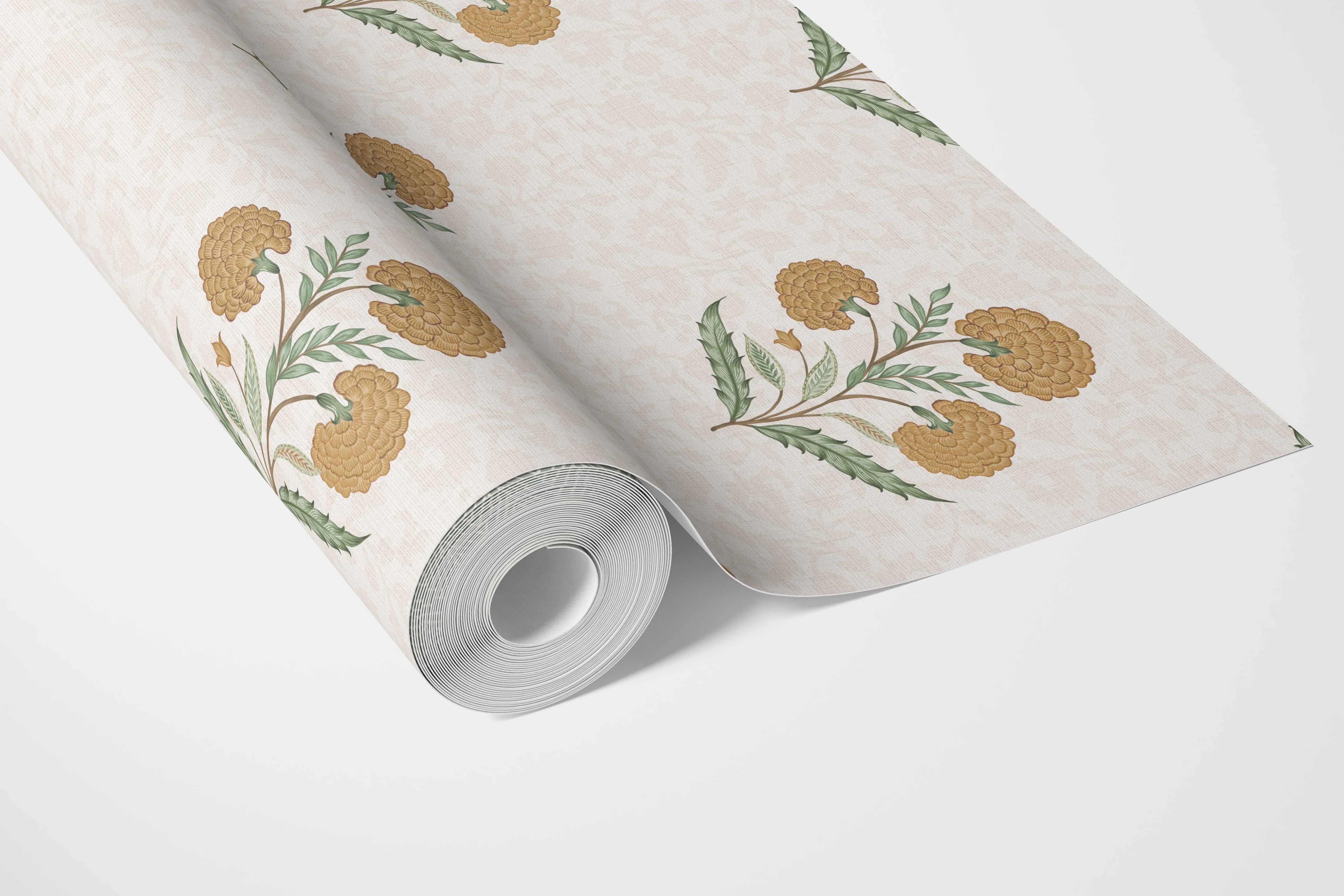 Floral Block Print Bathroom Wallpaper (Ochre Yellow/ Green)