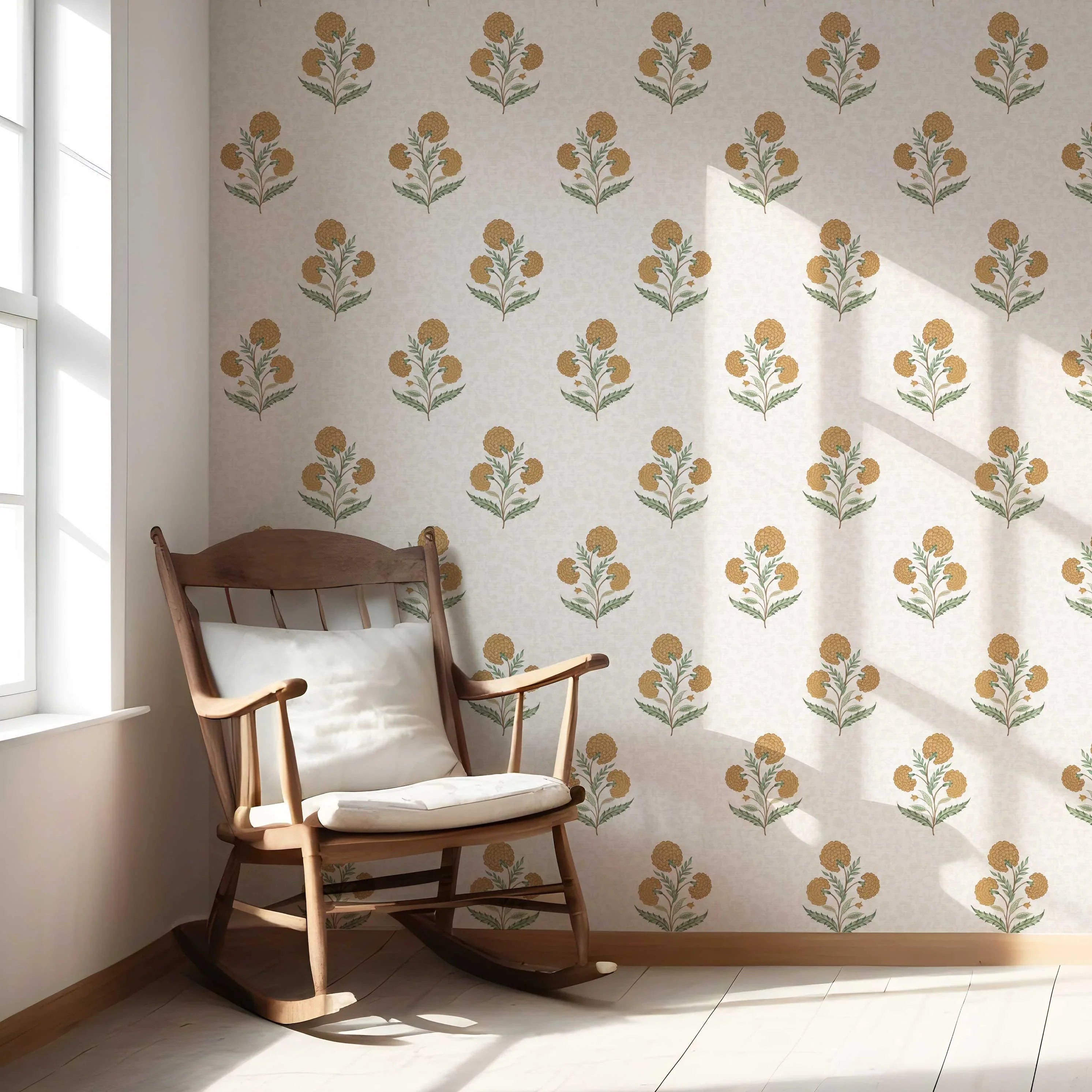 Floral Block Print Nursery Wallpaper (Ochre Yellow/ Green)