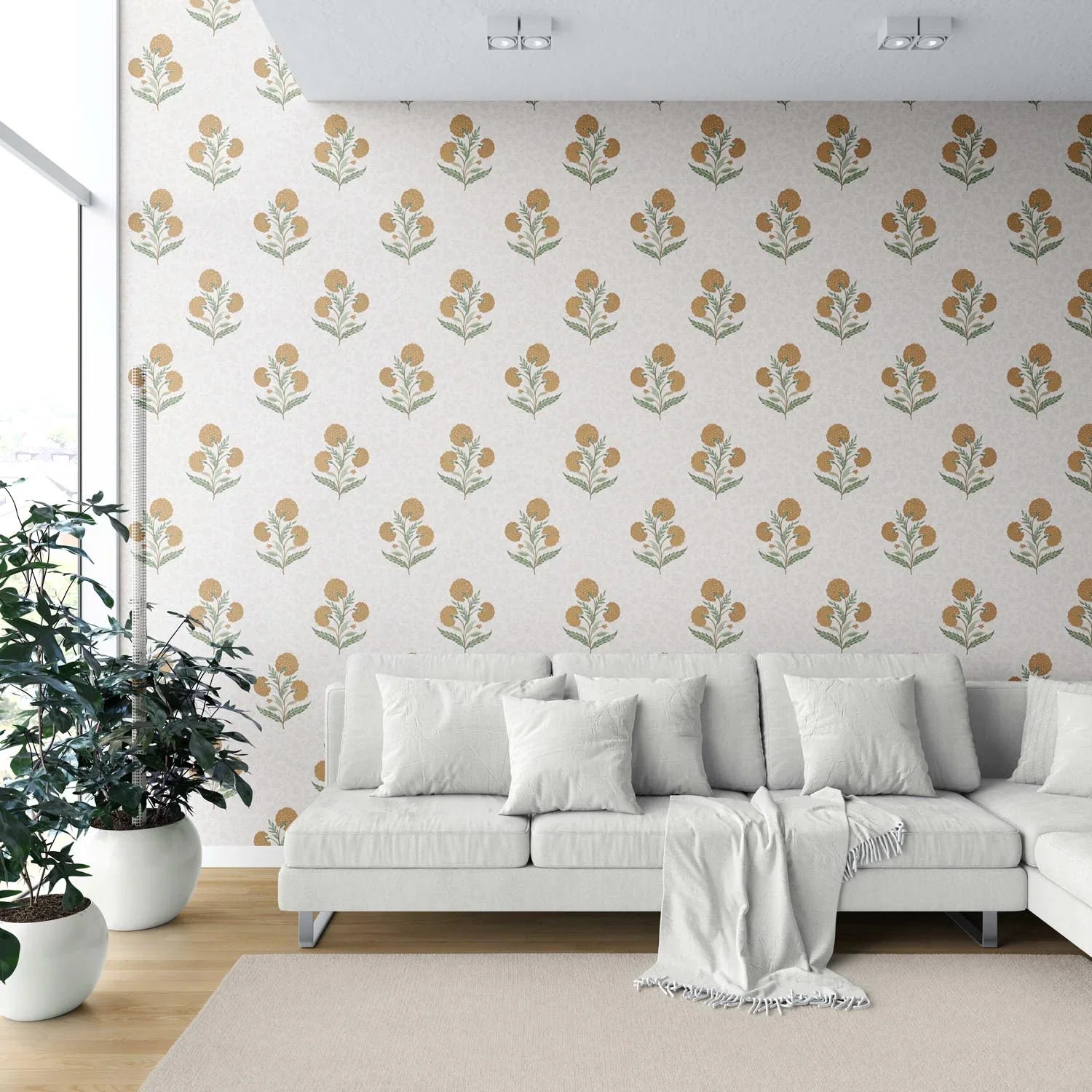 Floral Block Print Shower Toilet Wallpaper (Ochre Yellow/ Green)