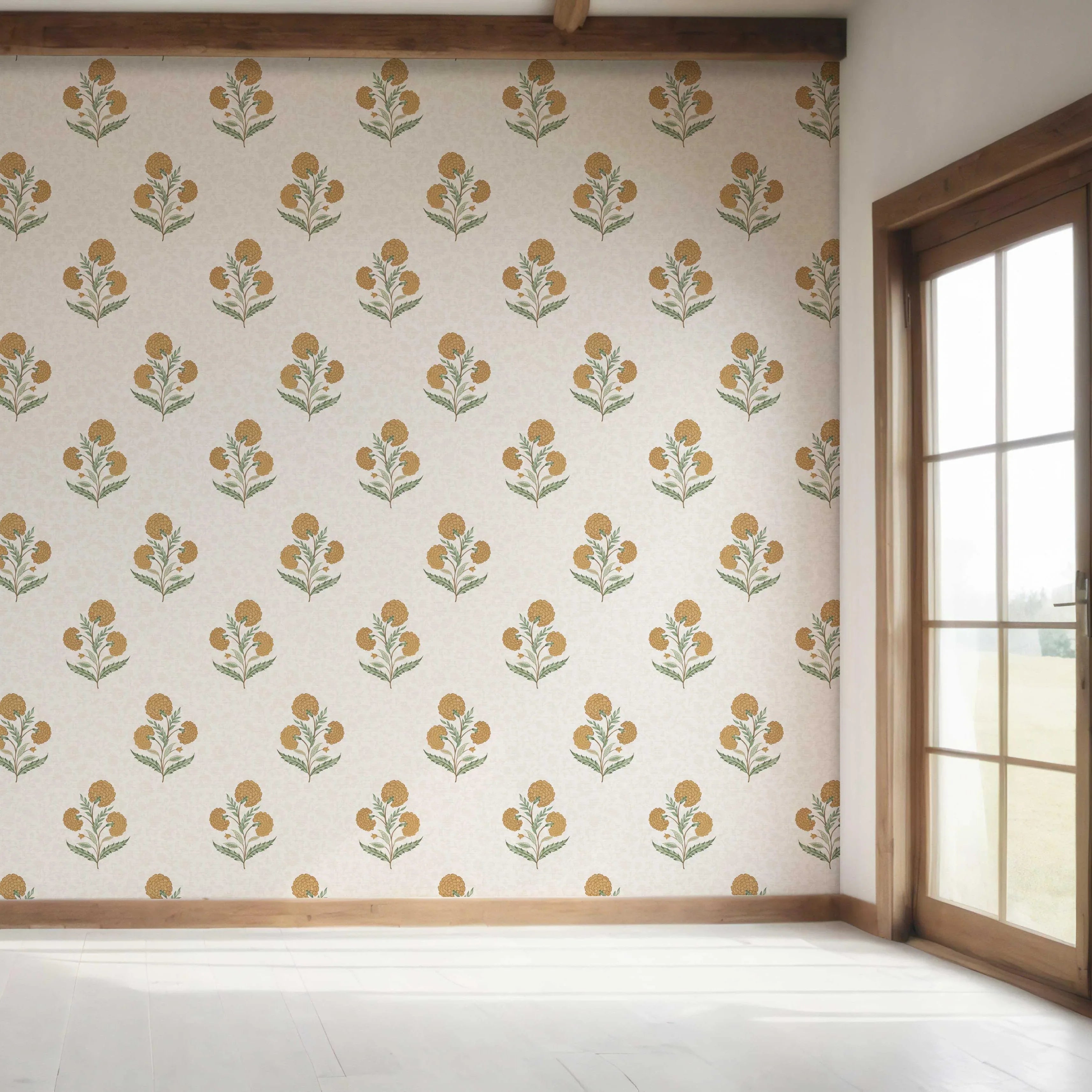 Floral Block Print Bedroom Wallpaper (Ochre Yellow/ Green)