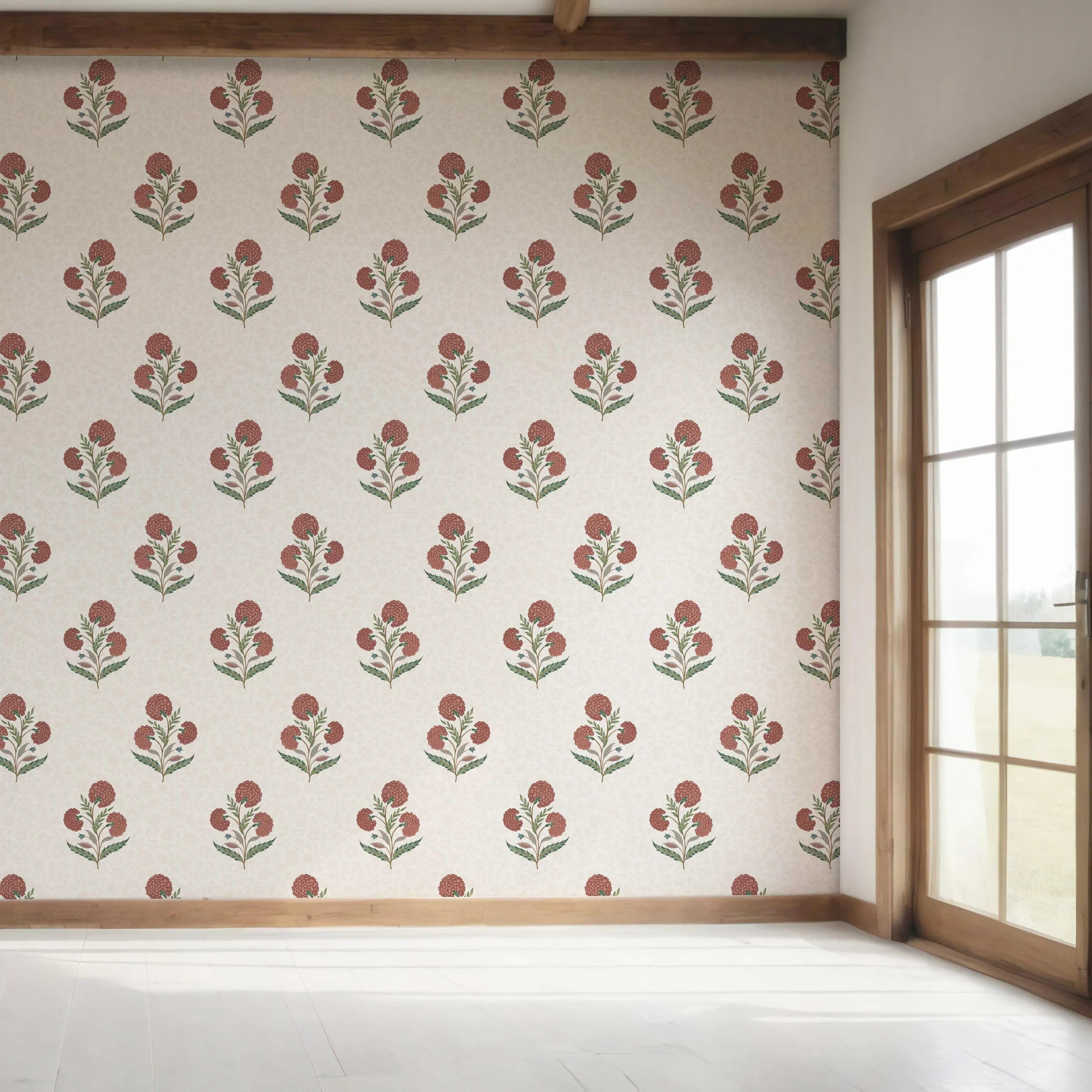 Floral Block Print Bedroom Wallpaper Sample (Red/ Green/ Soft Taupe)