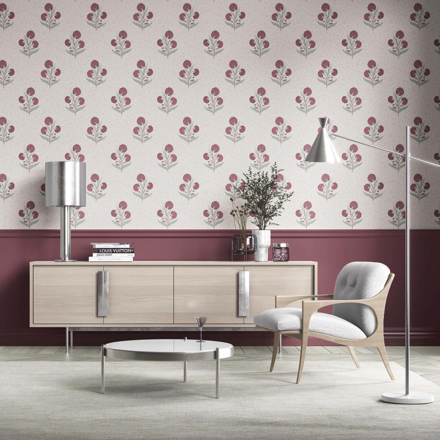 Floral Block Print Kitchen Wallpaper Sample (Deep Pink/ Green/ Soft Taupe)