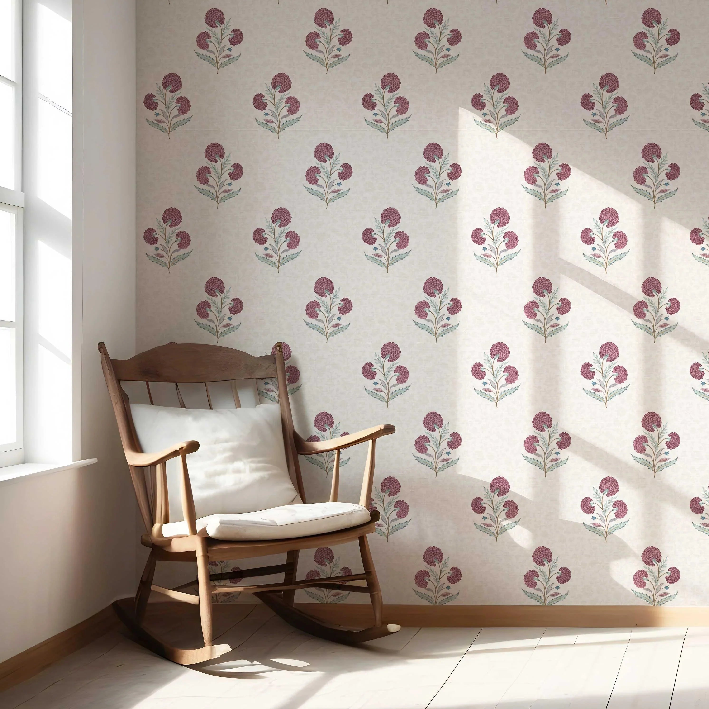 Floral Block Print Nursery Wallpaper Sample (Deep Pink/ Green/ Soft Taupe)