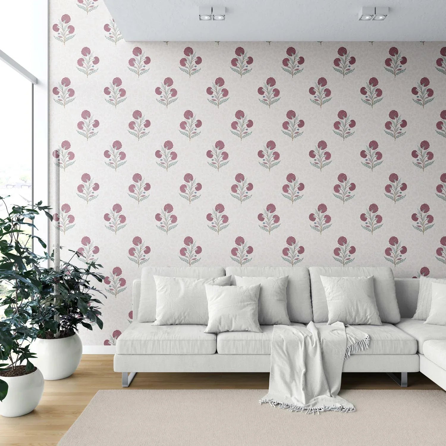 Floral Block Print Shower Toilet Wallpaper Sample (Deep Pink/ Green/ Soft Taupe)