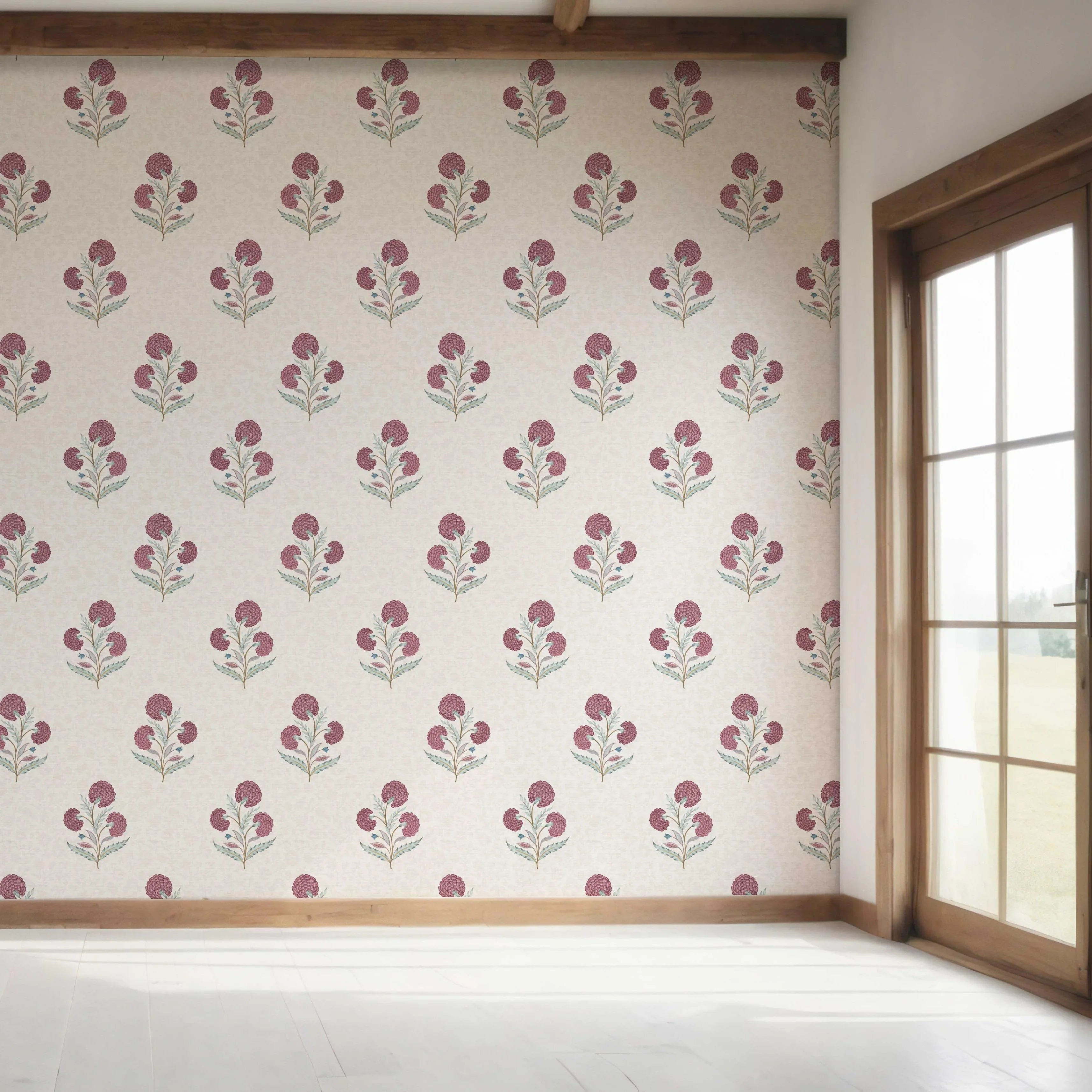 Floral Block Print Bedroom Wallpaper (Deep Pink/ Green/ Soft Taupe)