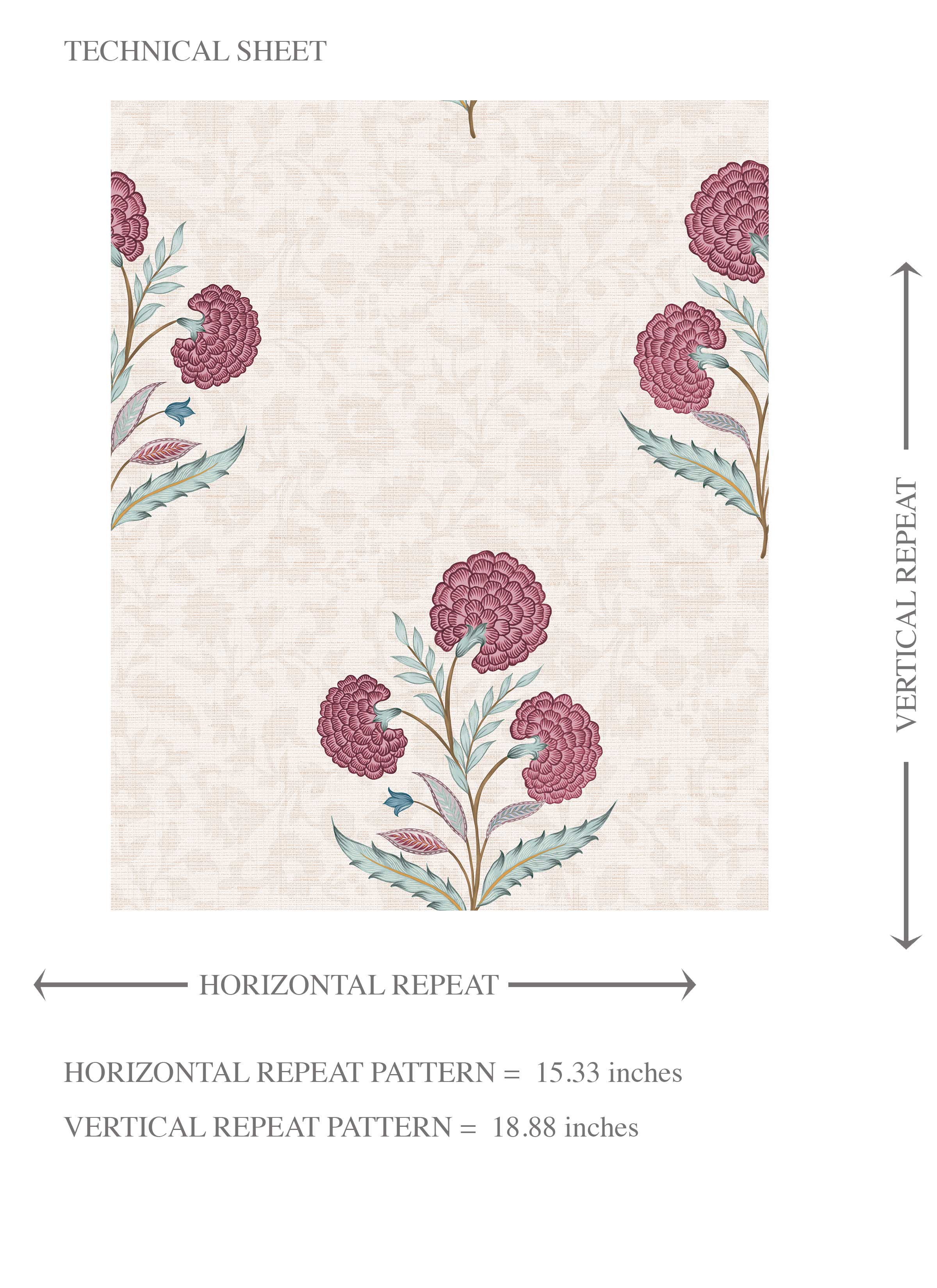 Floral Block Print Kids Room Wallpaper (Deep Pink/ Green/ Soft Taupe)
