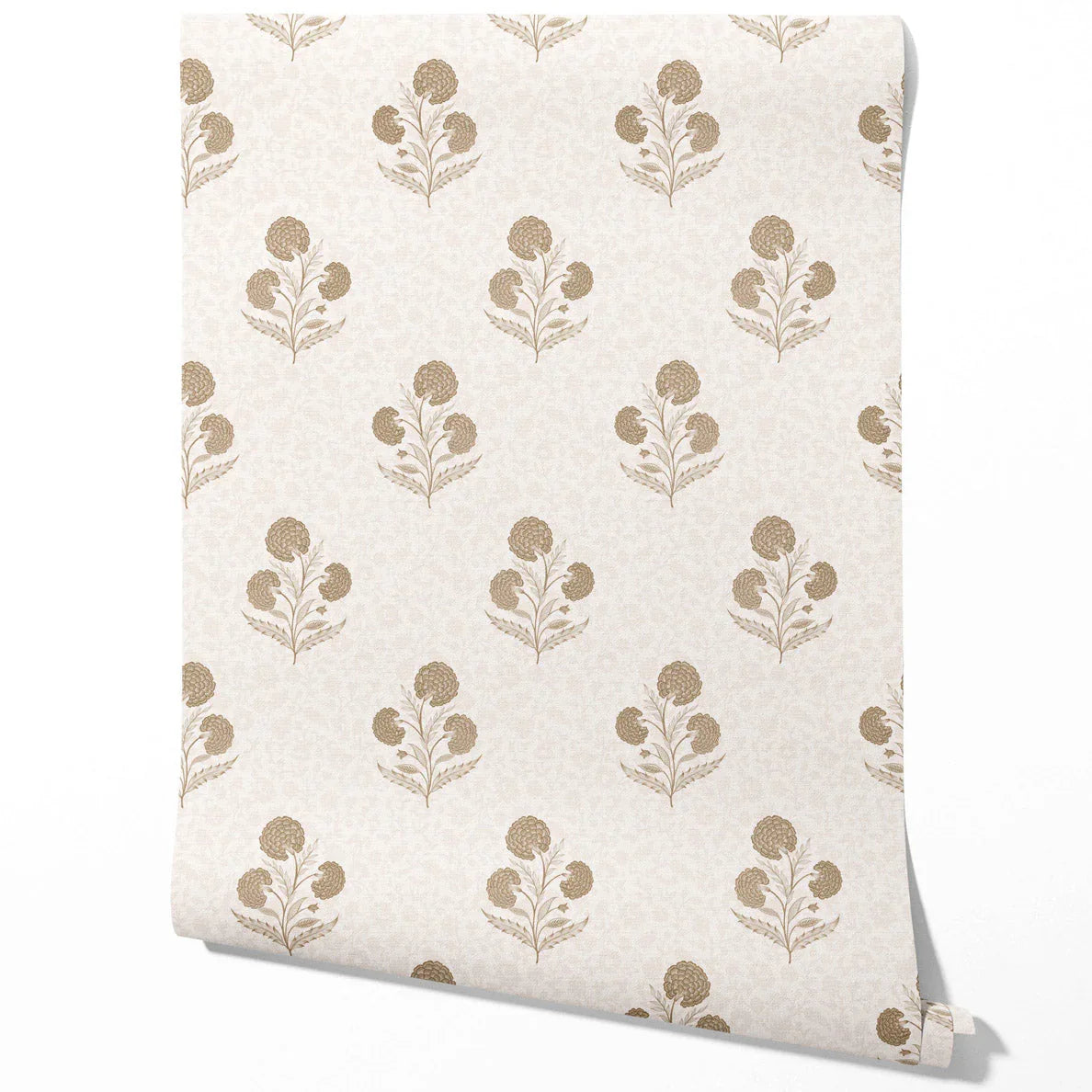 Neutral Floral Block Print Traditional Wallpaper Sample (Beige/ Brown/ Soft Taupe)