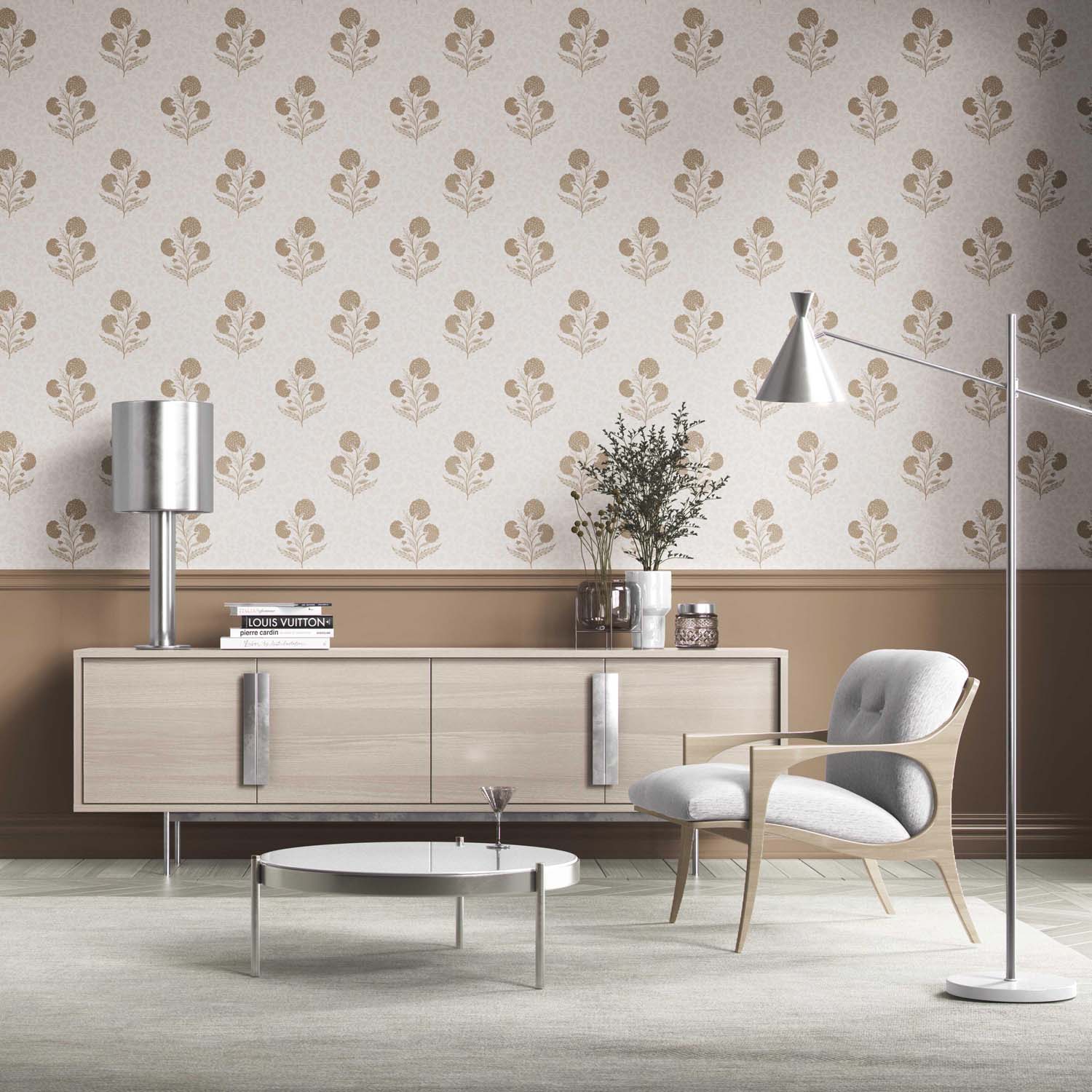 Neutral Floral Block Print Kitchen Wallpaper Sample (Beige/ Brown/ Soft Taupe)