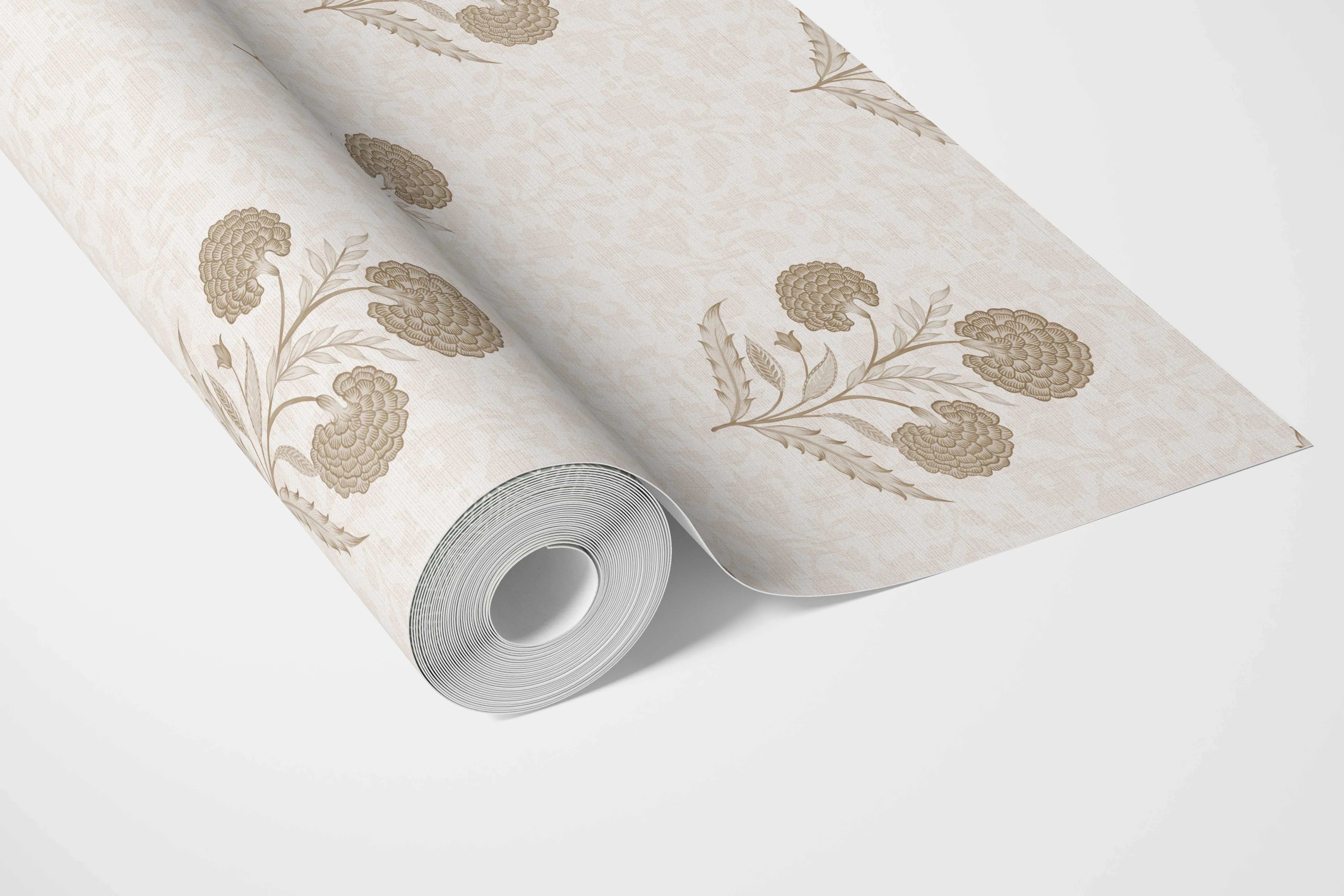 Neutral Floral Block Print Bathroom Wallpaper Sample (Beige/ Brown/ Soft Taupe)