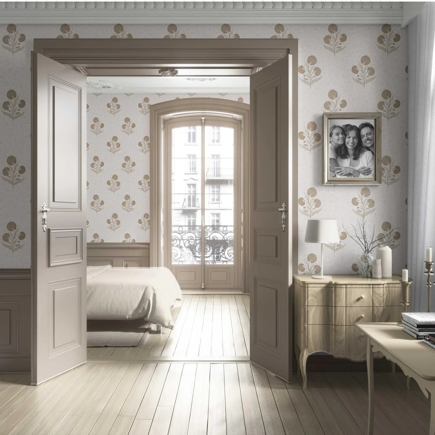 Neutral Floral Block Print Living Room Wallpaper Sample (Beige/ Brown/ Soft Taupe)