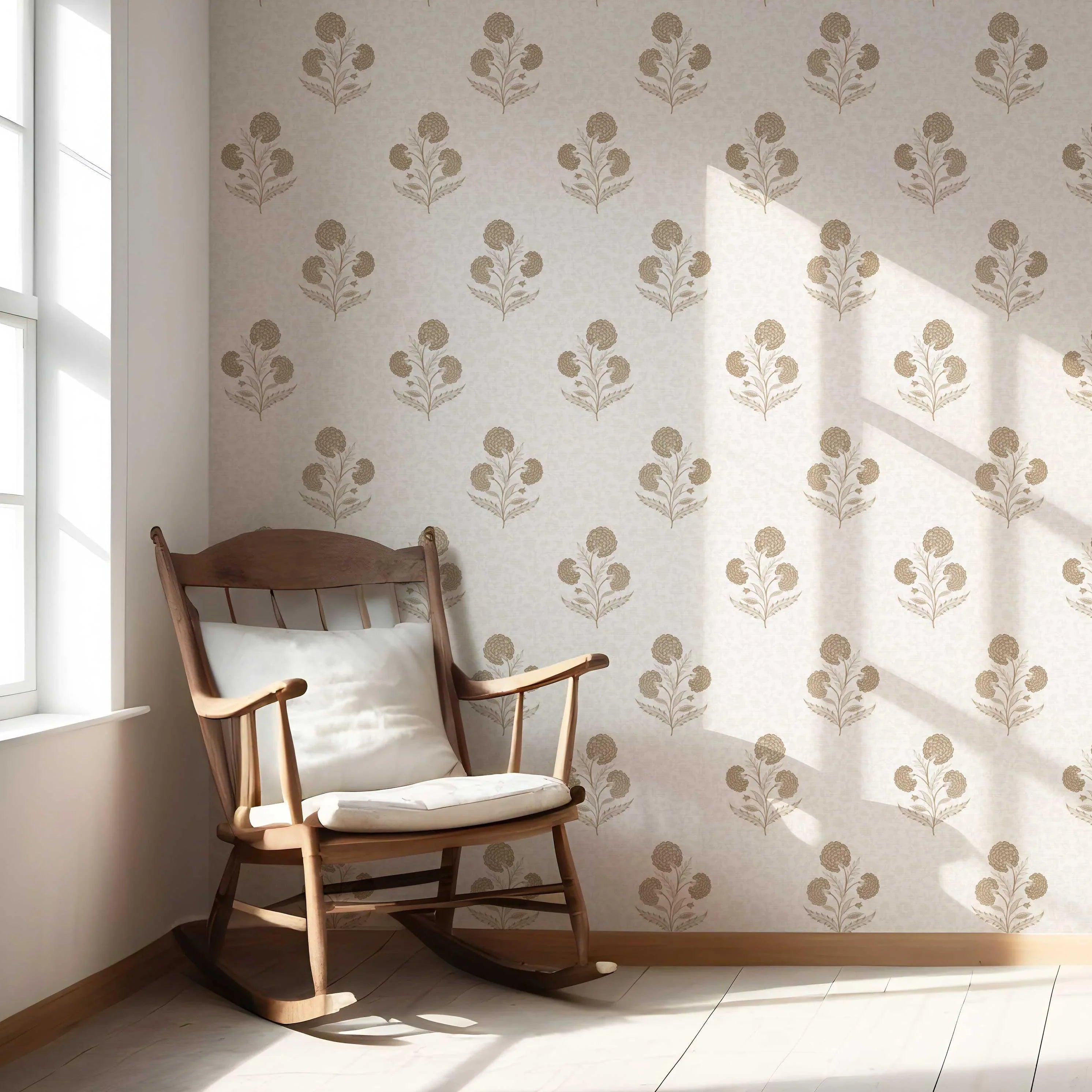 Neutral Floral Block Print Nursery Wallpaper Sample (Beige/ Brown/ Soft Taupe)