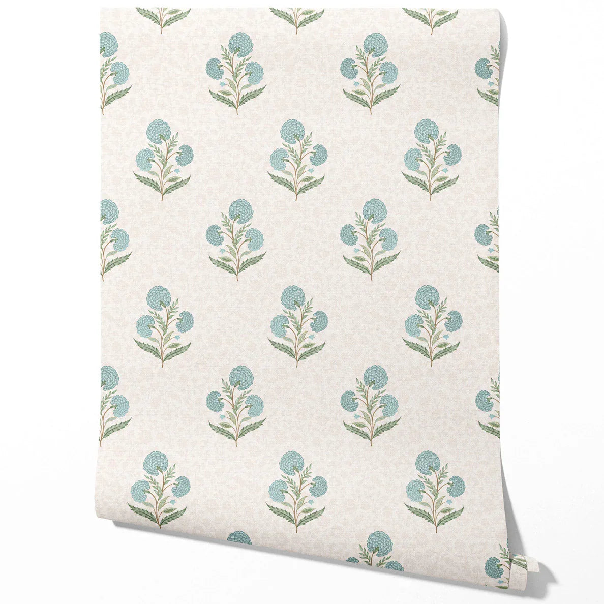 Floral Block Print Traditional Wallpaper (Duck Egg Blue/ Green/ Soft Taupe)