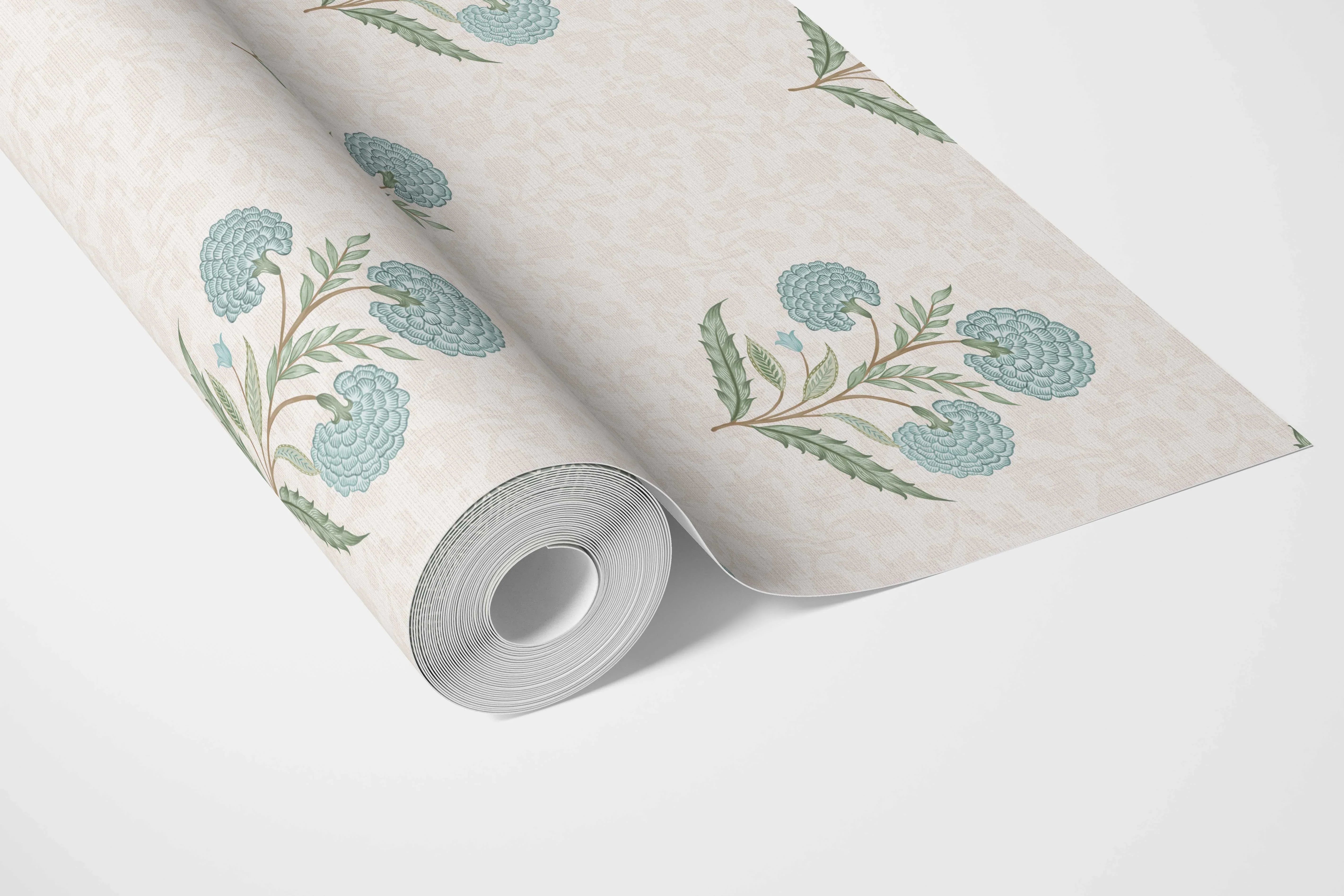 Floral Block Print Bathroom Wallpaper (Duck Egg Blue/ Green/ Soft Taupe)
