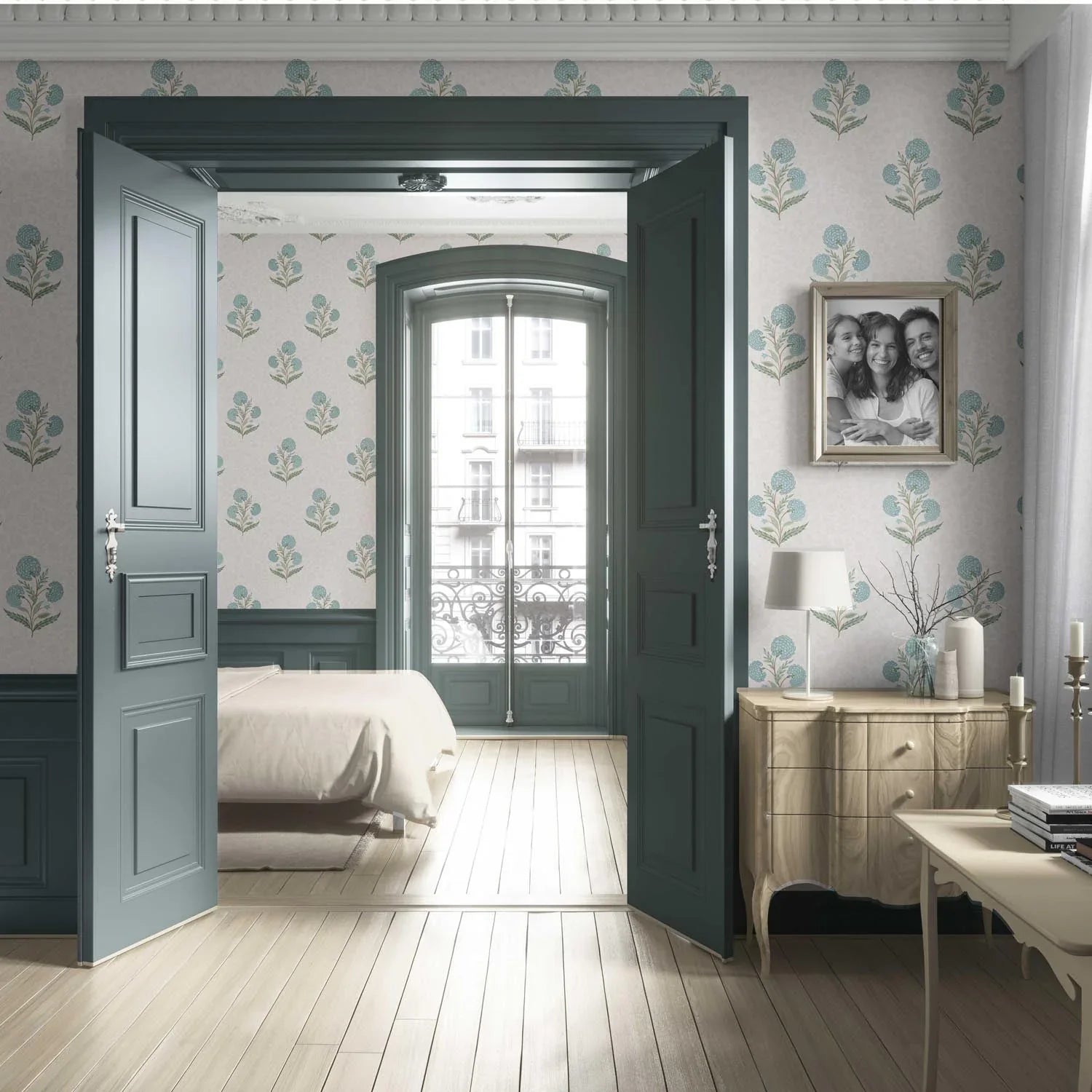 Floral Block Print Living Room Wallpaper (Duck Egg Blue/ Green/ Soft Taupe)