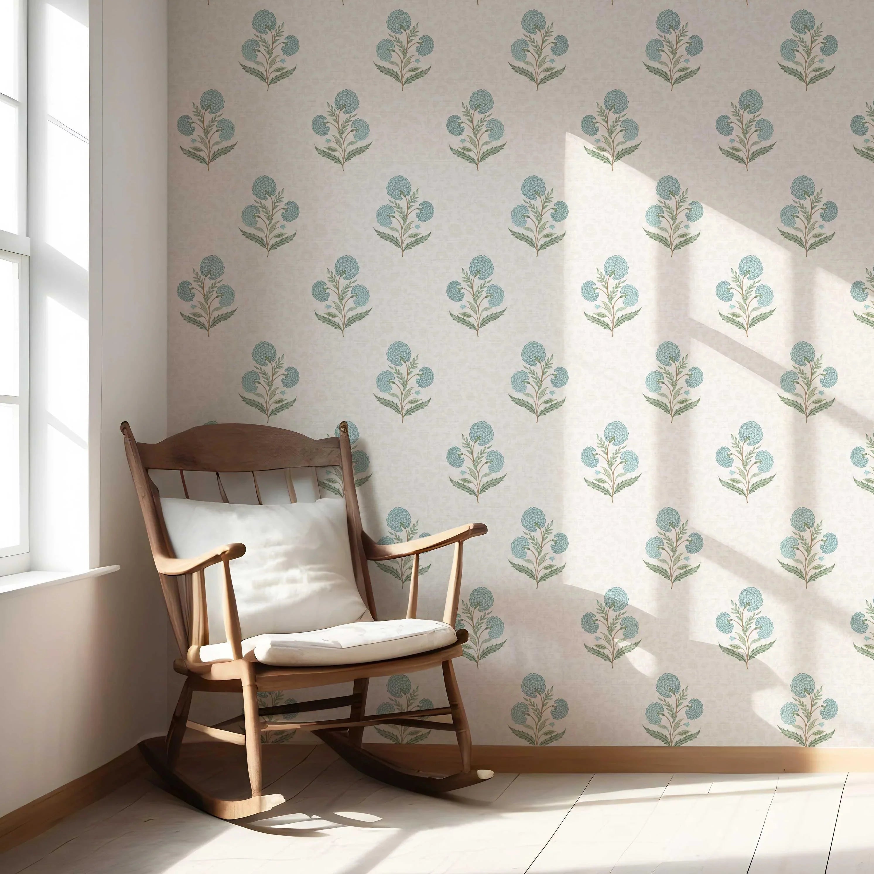 Floral Block Print Nursery Wallpaper (Duck Egg Blue/ Green/ Soft Taupe)