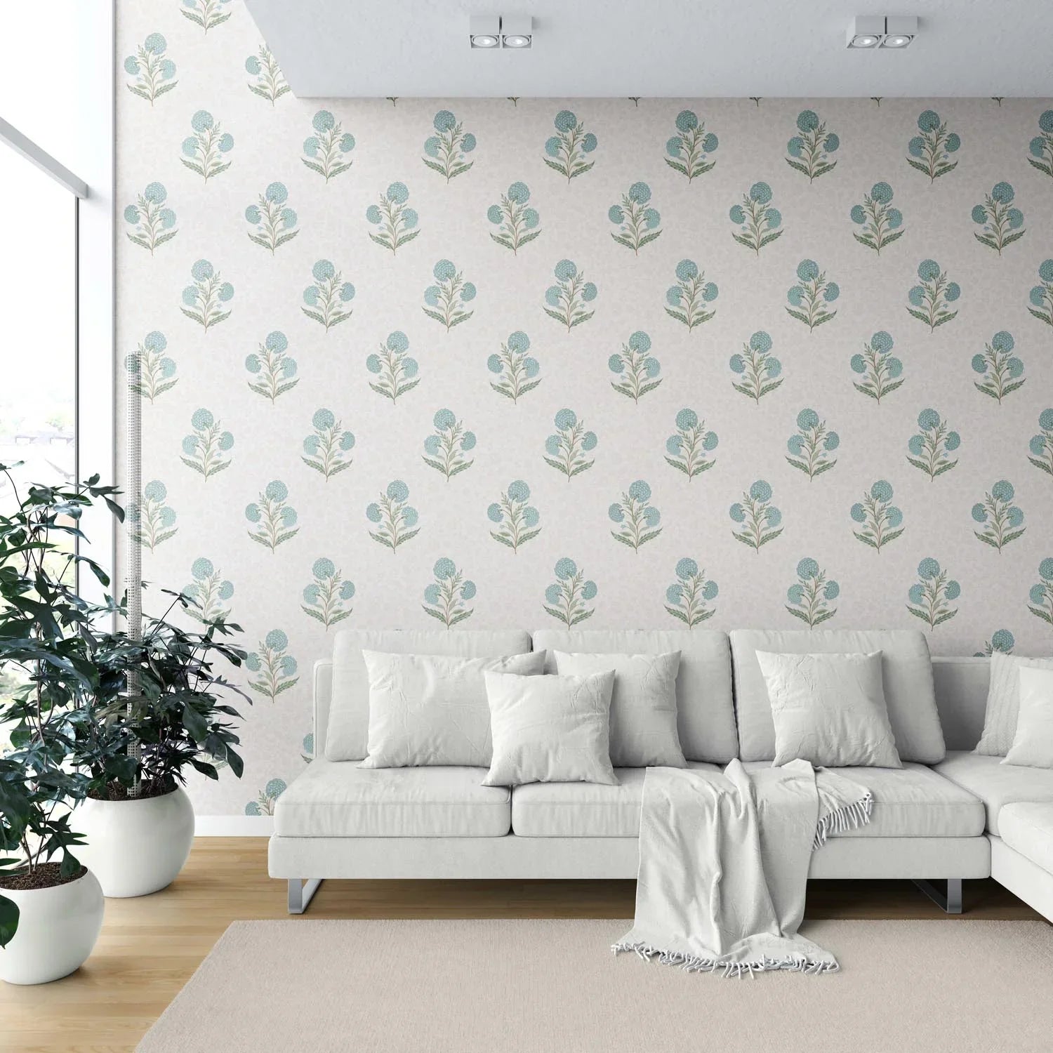 Floral Block Print Shower Toilet Wallpaper (Duck Egg Blue/ Green/ Soft Taupe)