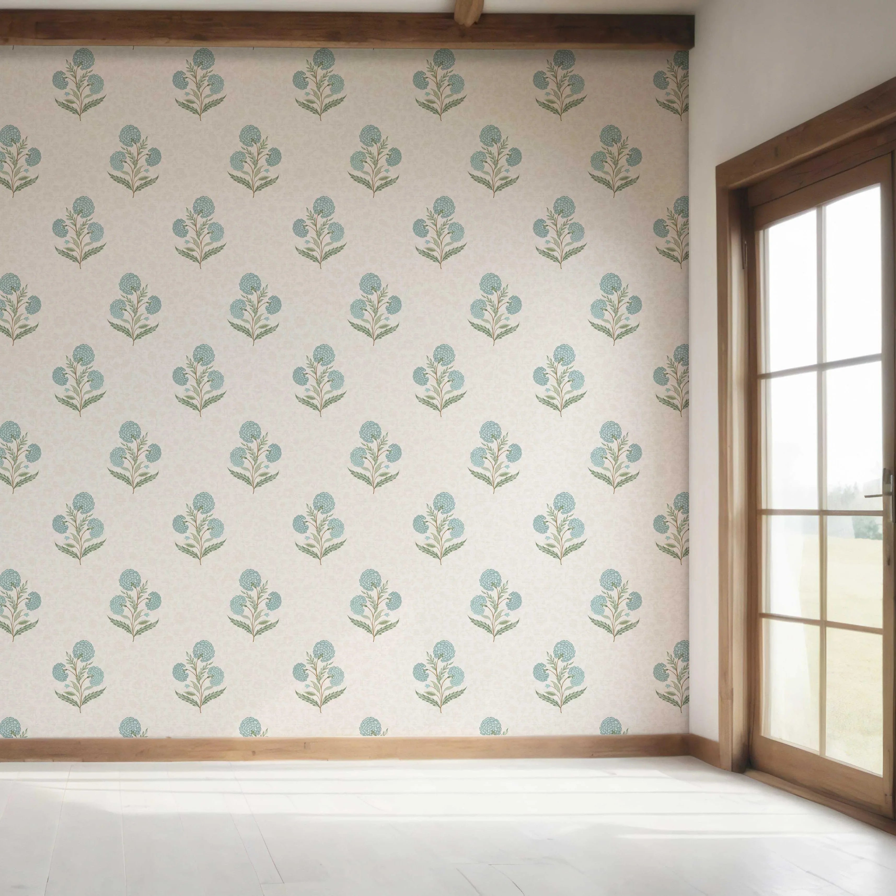 Floral Block Print Bedroom Wallpaper (Duck Egg Blue/ Green/ Soft Taupe)