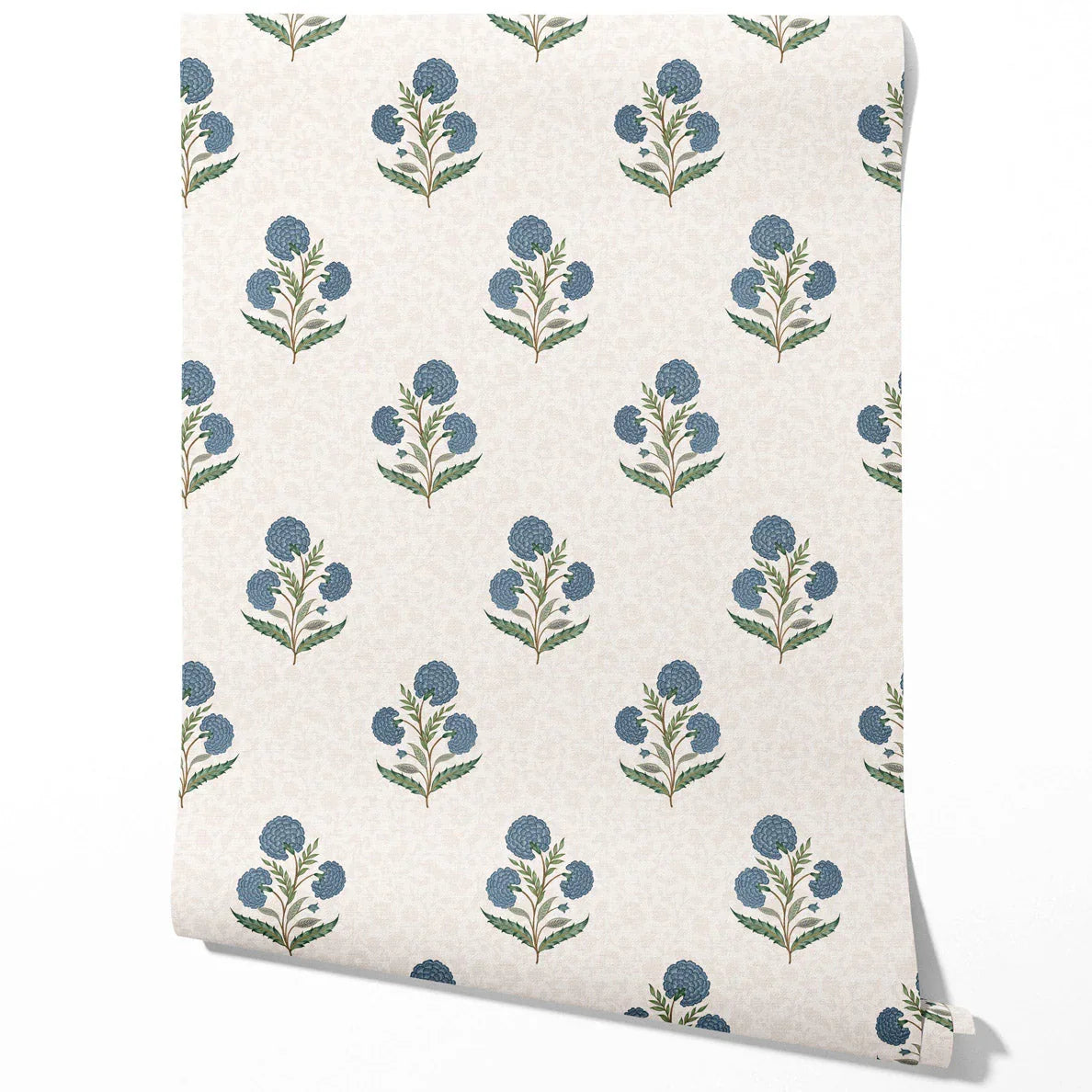 Floral Block Print Traditional Wallpaper Sample (Blue/ Green/ Soft Taupe)