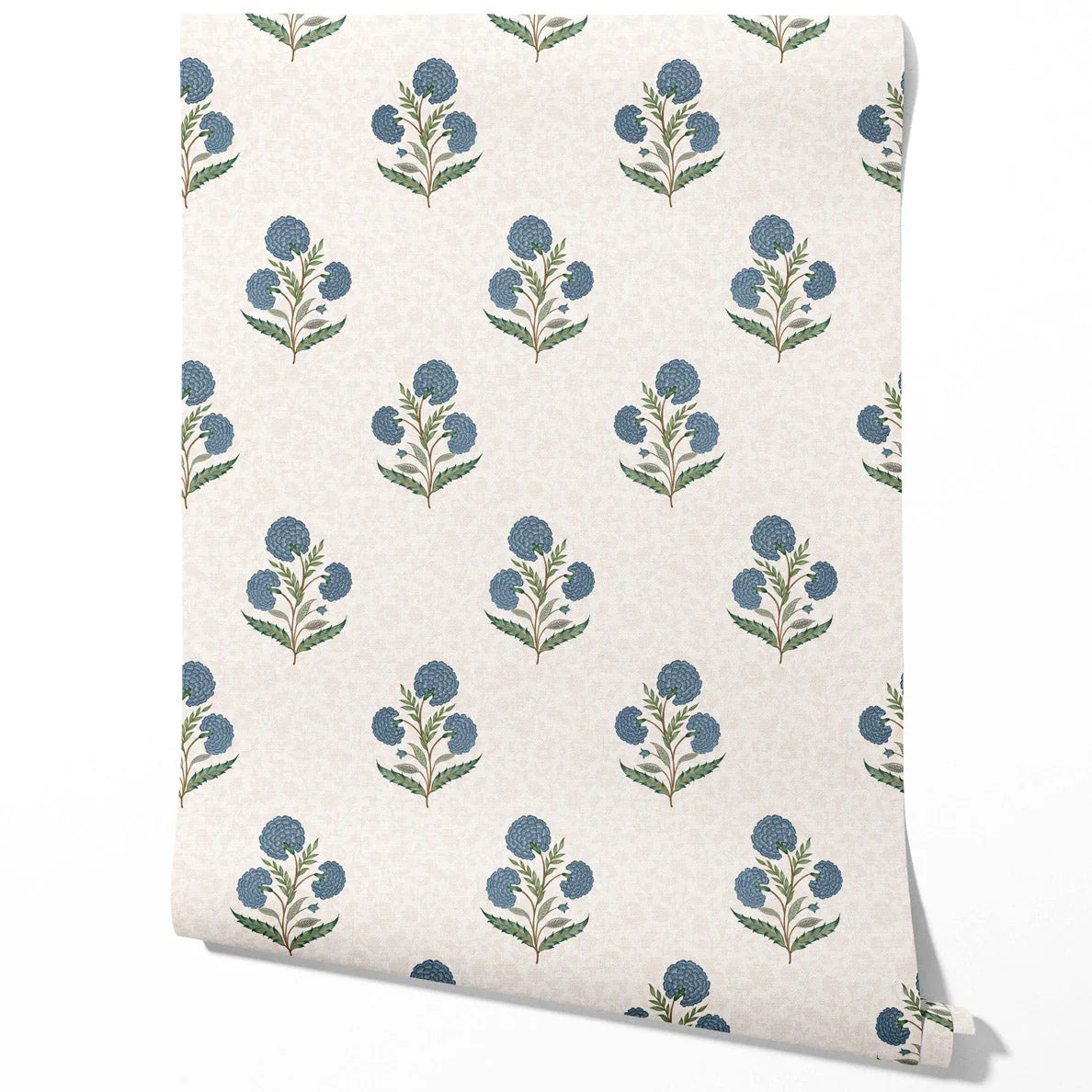 Floral Block Print Traditional Wallpaper (Blue/ Green/ Soft Taupe)