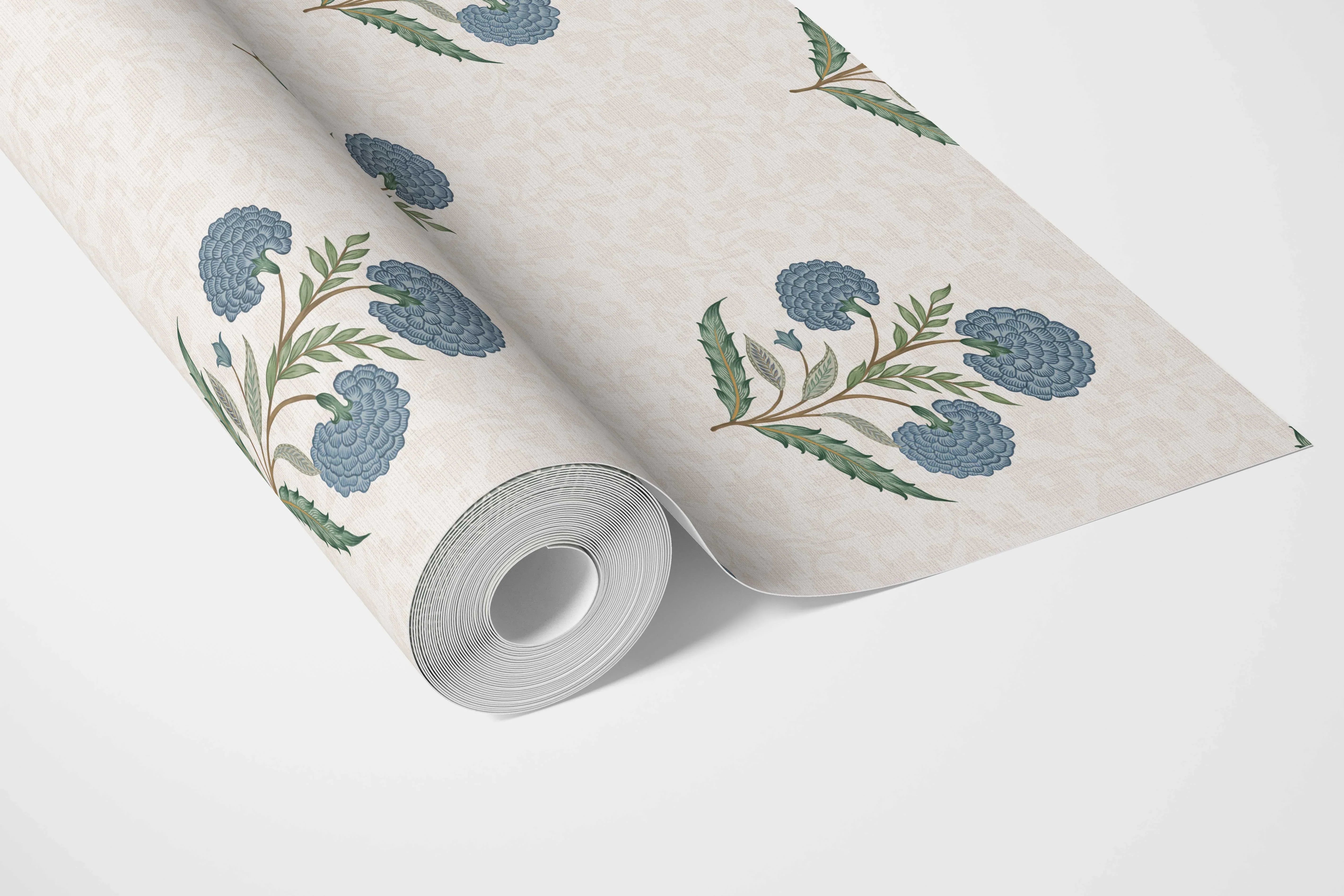 Floral Block Print Bathroom Wallpaper (Blue/ Green/ Soft Taupe)