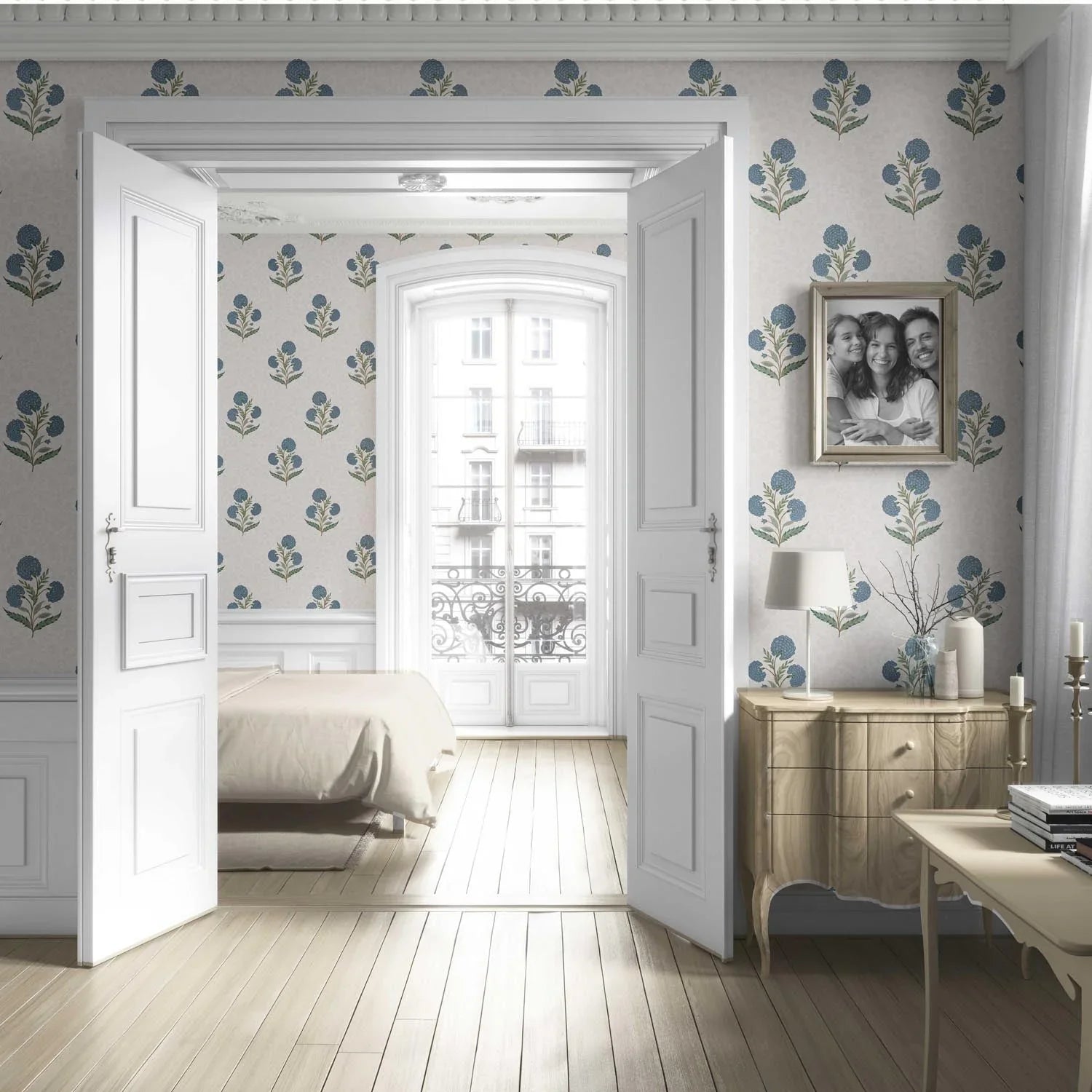 Floral Block Print Living Room Wallpaper Sample (Blue/ Green/ Soft Taupe)